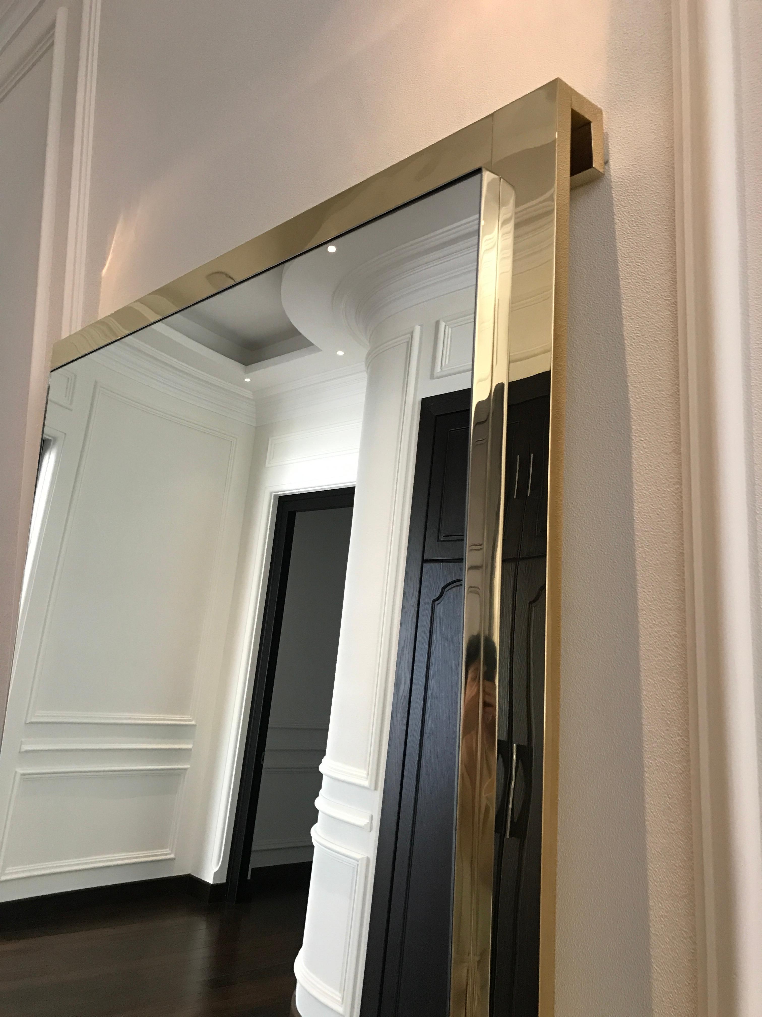 Floor Mirror with Hand Polished Stainless Steel Frame and Brass Stand For Sale 2