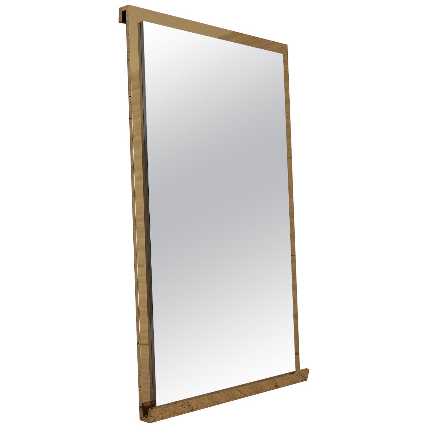 Floor Mirror with Hand Polished Stainless Steel Frame and Brass Stand For Sale