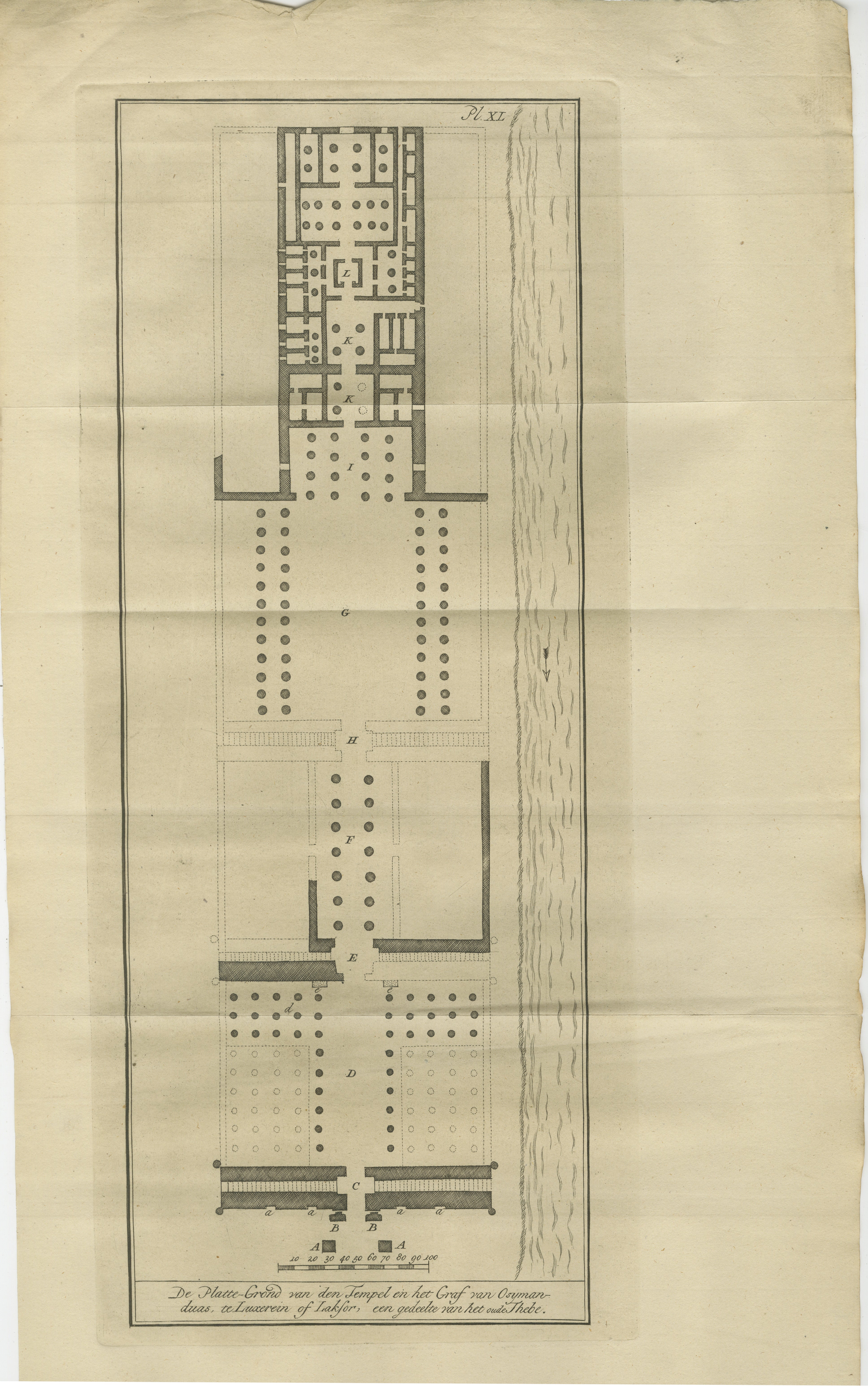 Planta del Templo de Amón en Luxor - Antigua Tebas, c.1710

Descripción:
Este grabado arquitectónico antiguo presenta un plano detallado del famoso Templo de Amón en Luxor, también conocido como Tebas en la antigüedad. Titulado en neerlandés *