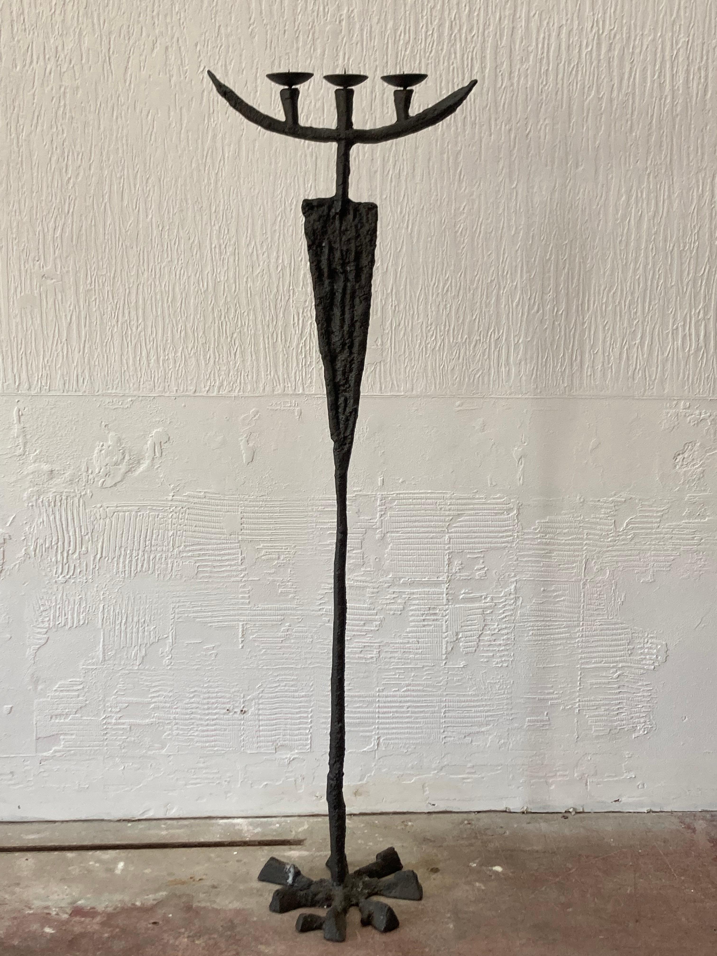 Floor Standing Brutalist Bronzed Iron Candlestand In Good Condition In Somerton, GB