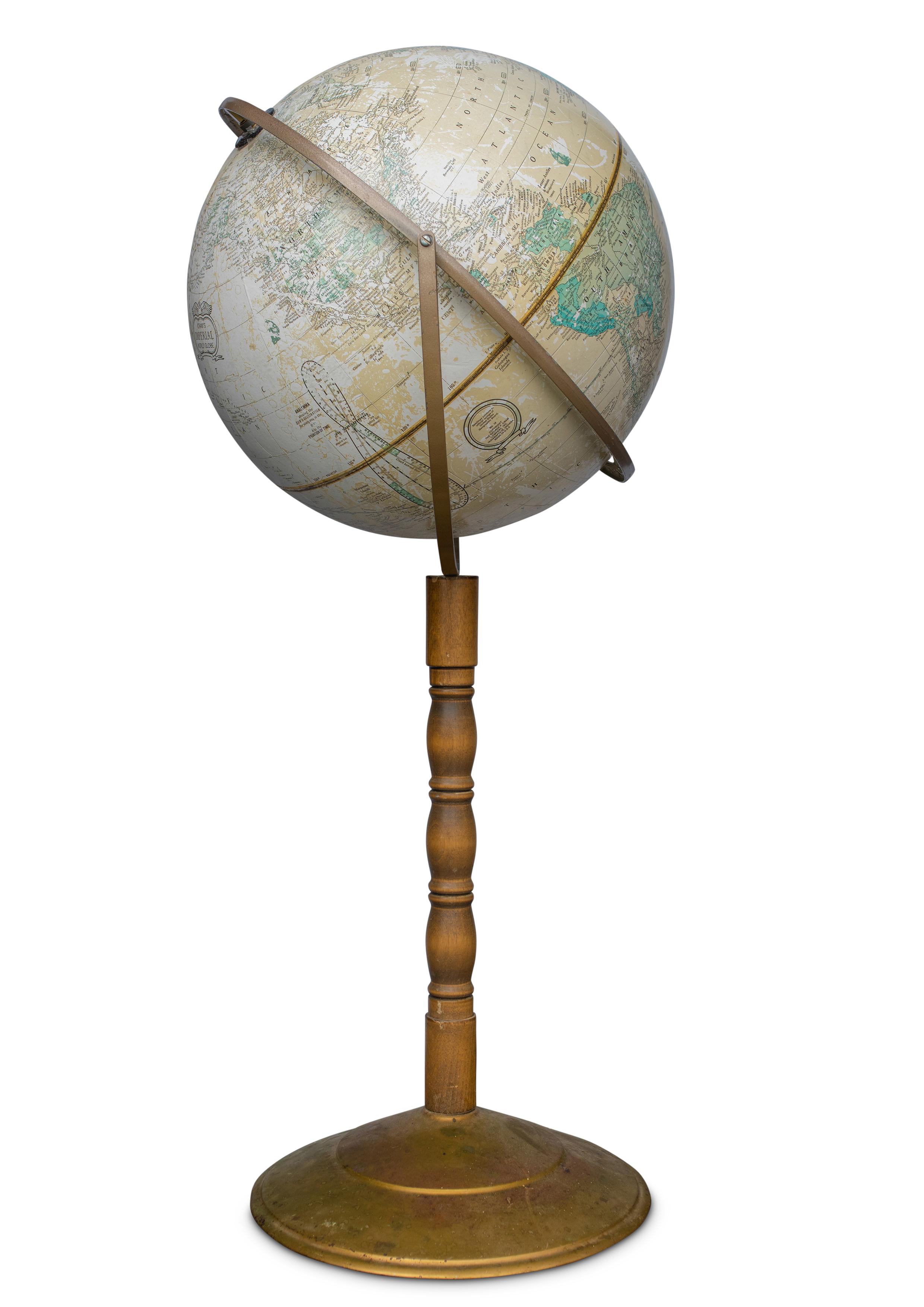Floor Standing Globe On A Turned Hardwood & Brass Stand Model No 16  In Fair Condition For Sale In High Wycombe, GB