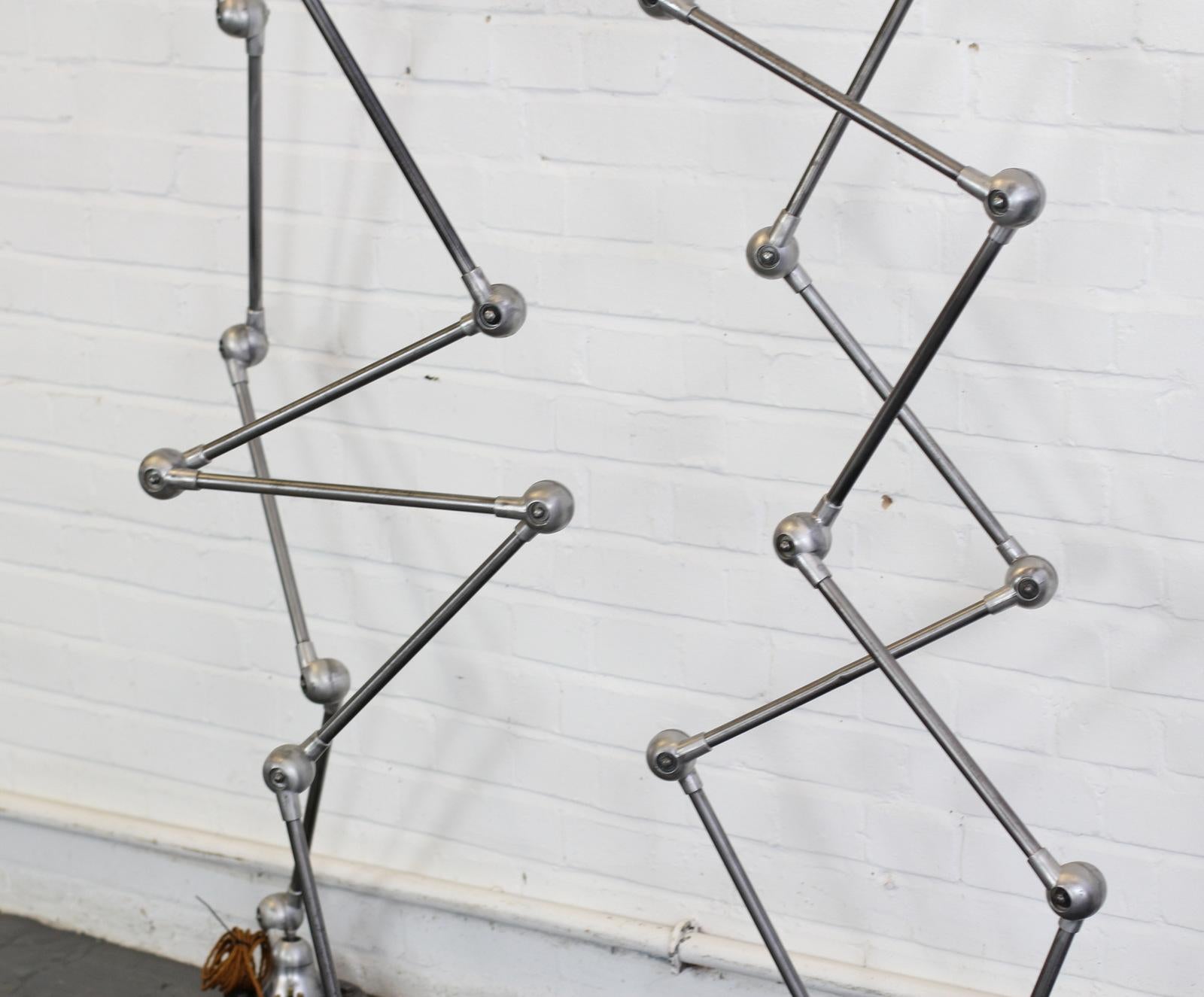 Floor standing Industrial lamps by Jean Louis Domecq, circa 1950s

- Price is per lamp (4 available)
- Brushed steel and aluminium
- Original makers badge
- 5 articulated arms
- Takes E27 fitting bulbs
- Original inline switch on the head
-