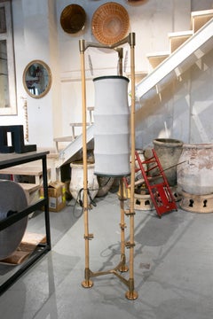 Floor Standing Lamp Made of Bamboo, Bronze Accessories and Fabric