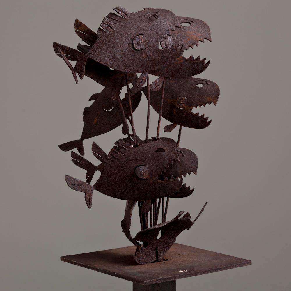 Central American Floor Standing Metal Piranha Fish Sculpture, 1960s For Sale