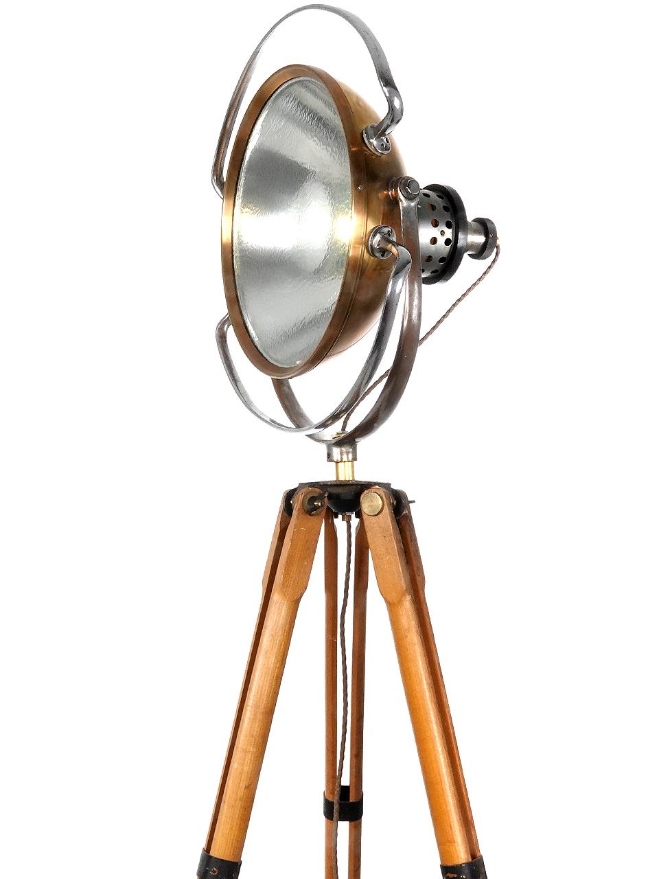 Industrial Floor Standing Wood Tripod Castle Operating Spot Light. For Sale