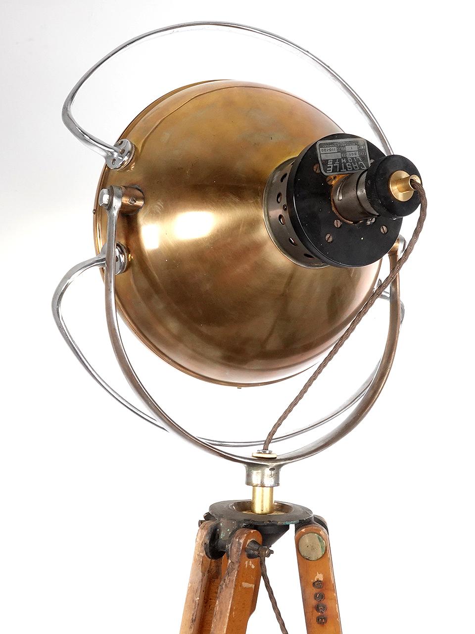 20th Century Floor Standing Wood Tripod Castle Operating Spot Light. For Sale