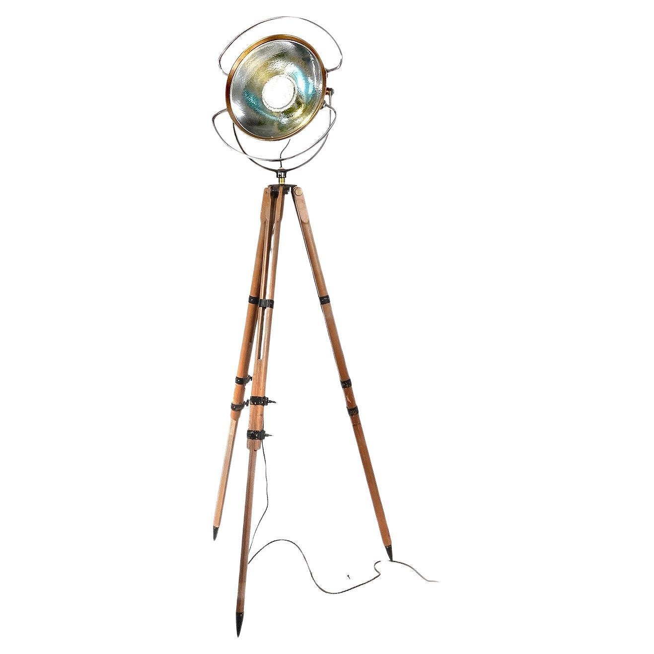 Floor Standing Wood Tripod Castle Operating Spot Light. For Sale