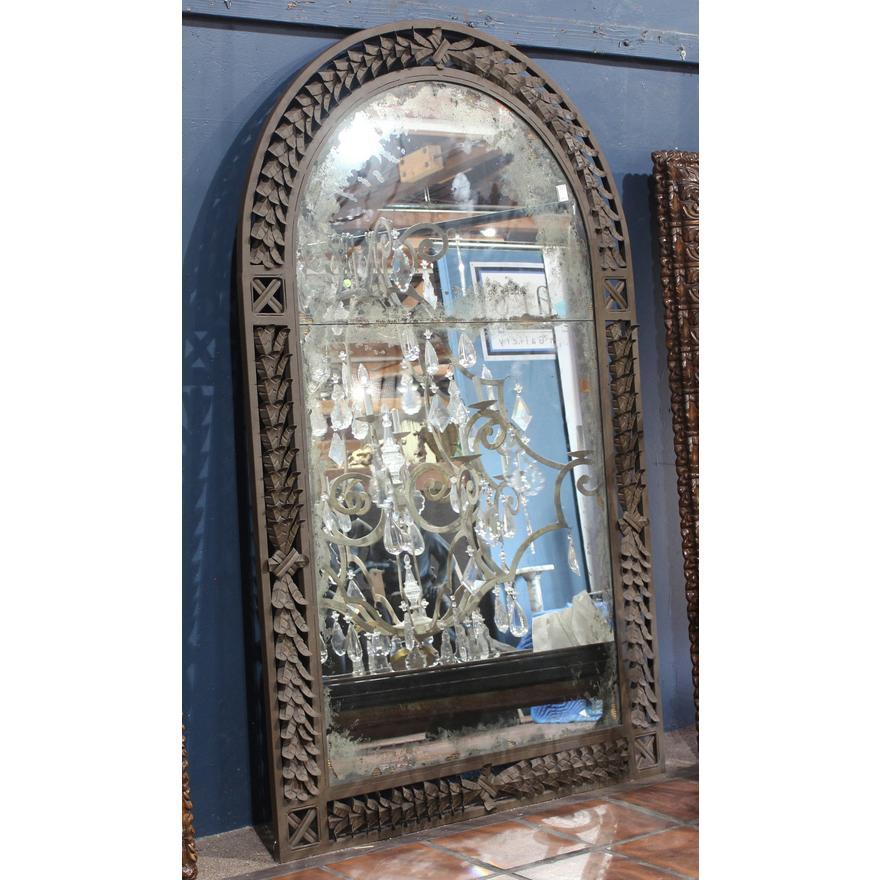 American Floor to Ceiling Patinated Cut Metal Arched Wall Mirror Late 20th Century For Sale