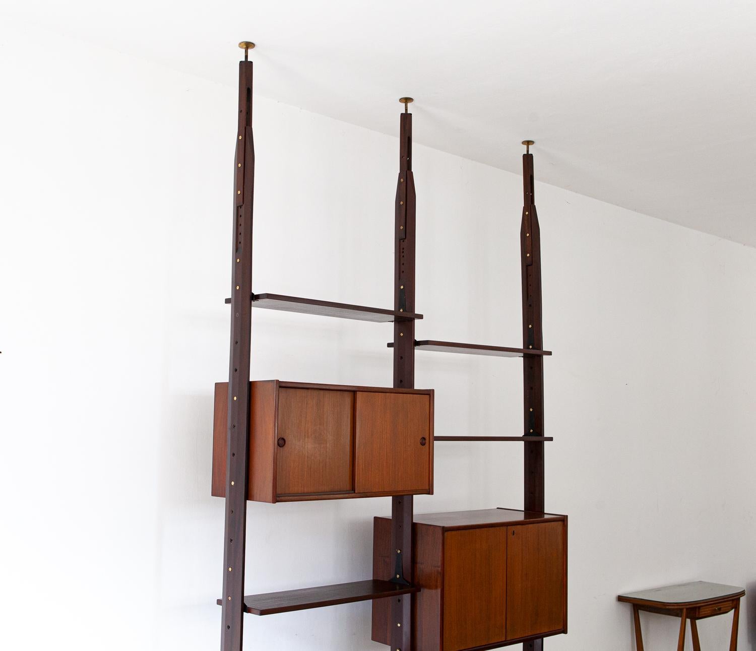 Mid-Century Modern Floor to Ceiling Wall Unit, Exotic Wood, 1950s Italian Modern Design 