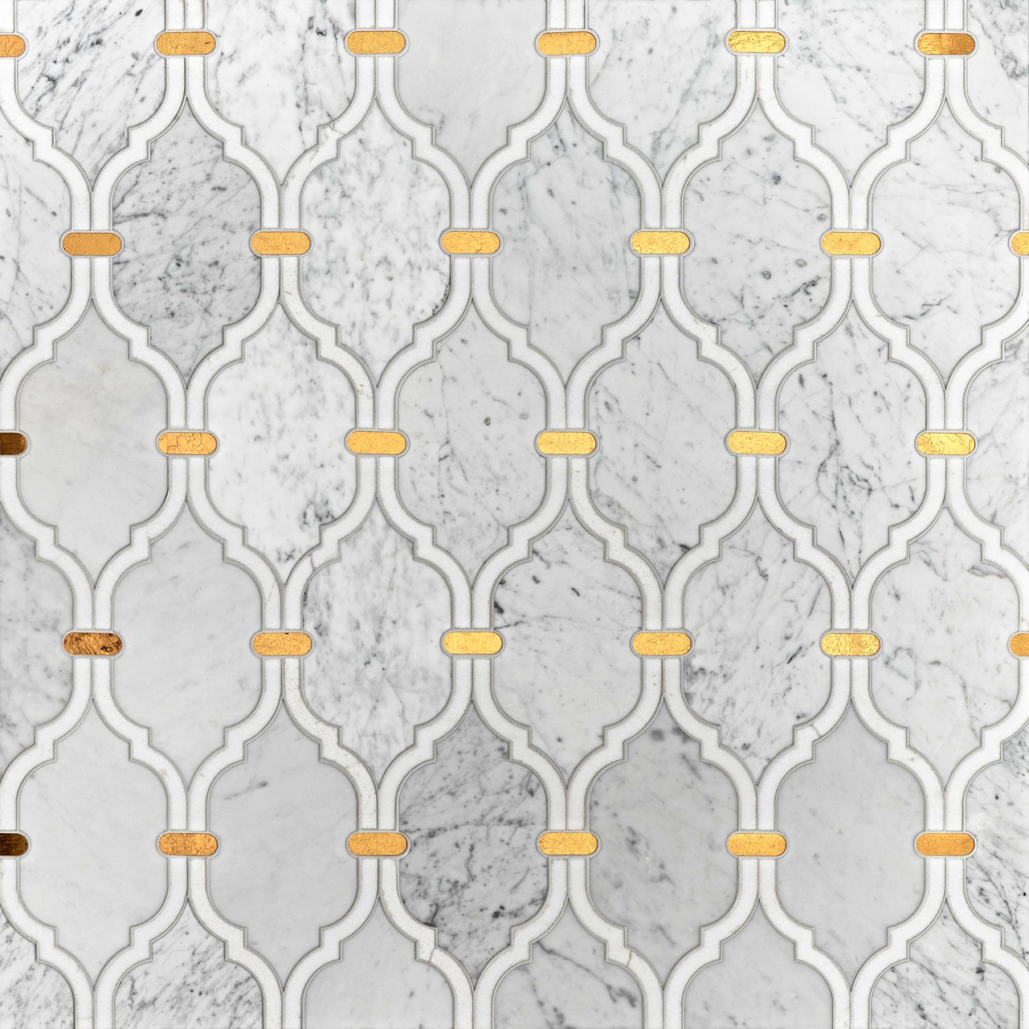 Waterjet marble patterns

Aloiina white
Bianco Americano , Thassos
glass: Insert of gold leaf glass mosaic
Price for square meter € 2.460

Aloina black
Black marble polished, black marble matt
Glass : Mosaic glass insert , Alma & Vis One
Price for