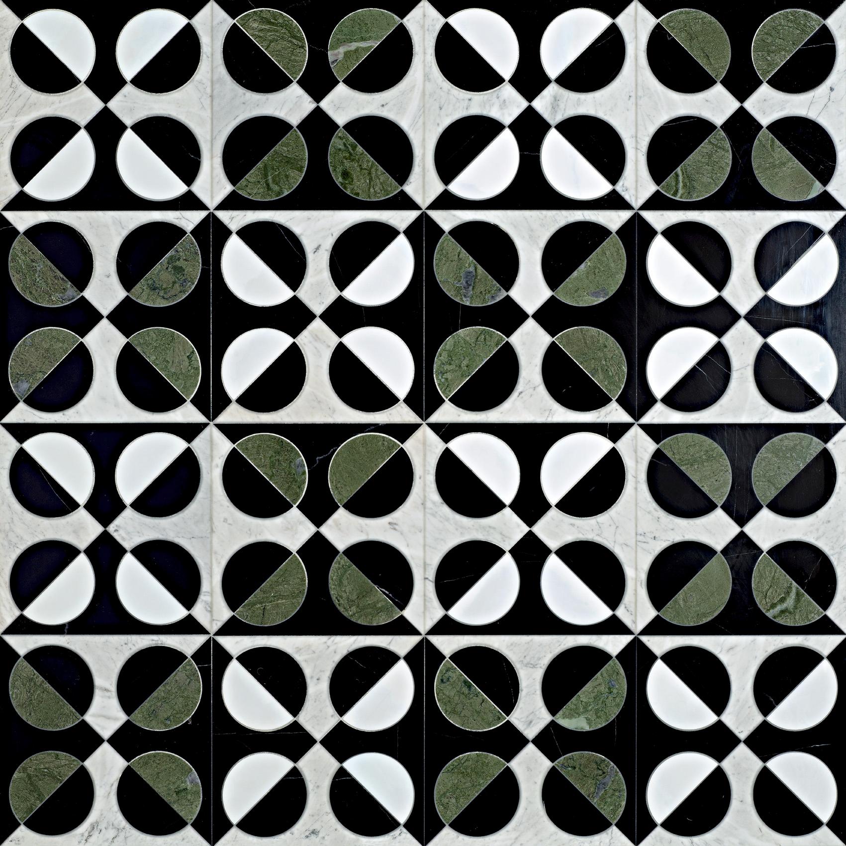 Waterjet marble patterns

Tolox Green
Marble: Bianco Americo, Black, Verde Luna
Glass Mosaic : White Iridescent
Price for square metrer € 2.820
  