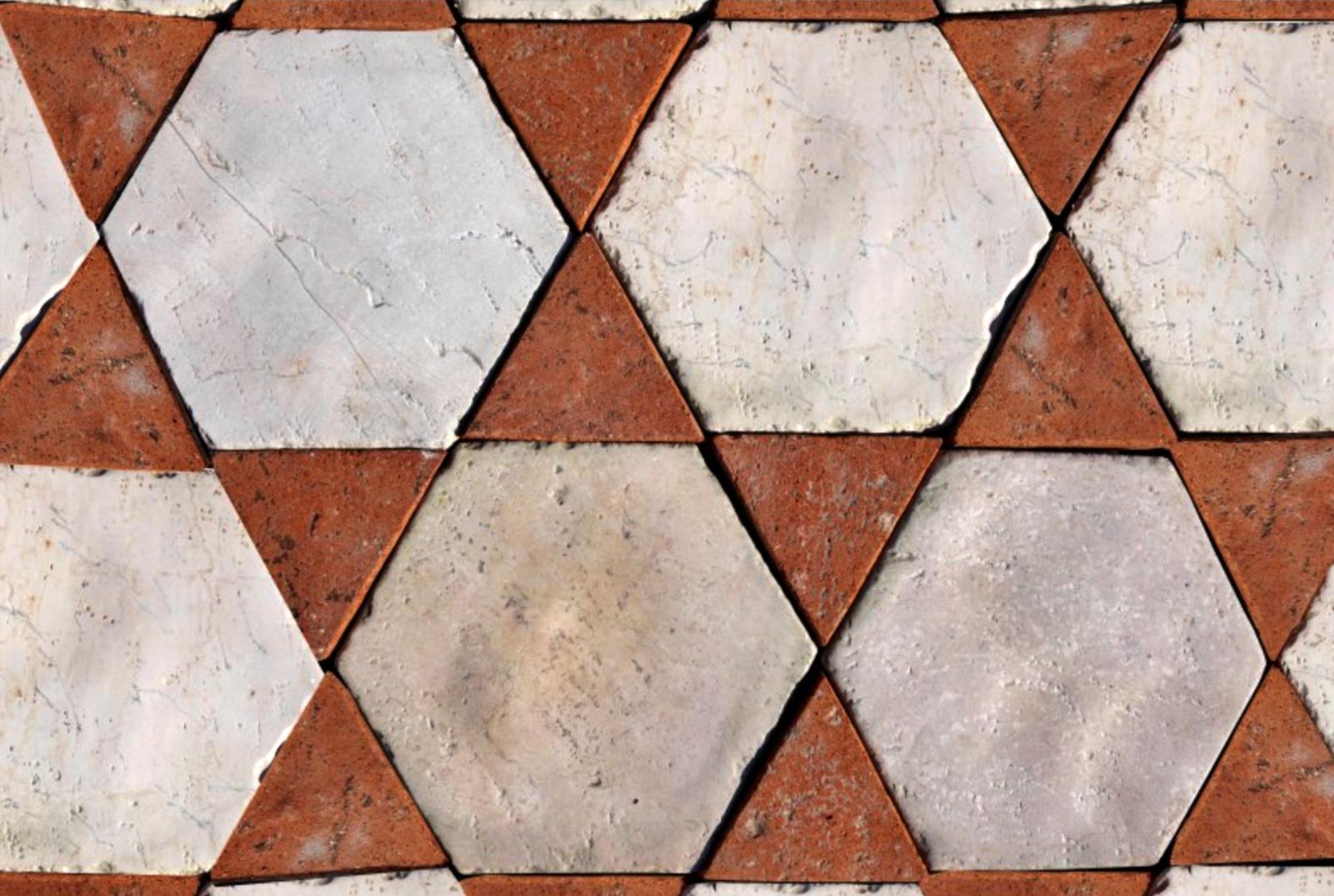 Italian Floor with Hexagons and Triangles Carrara Marble and Red Terracotta Early 20th C For Sale