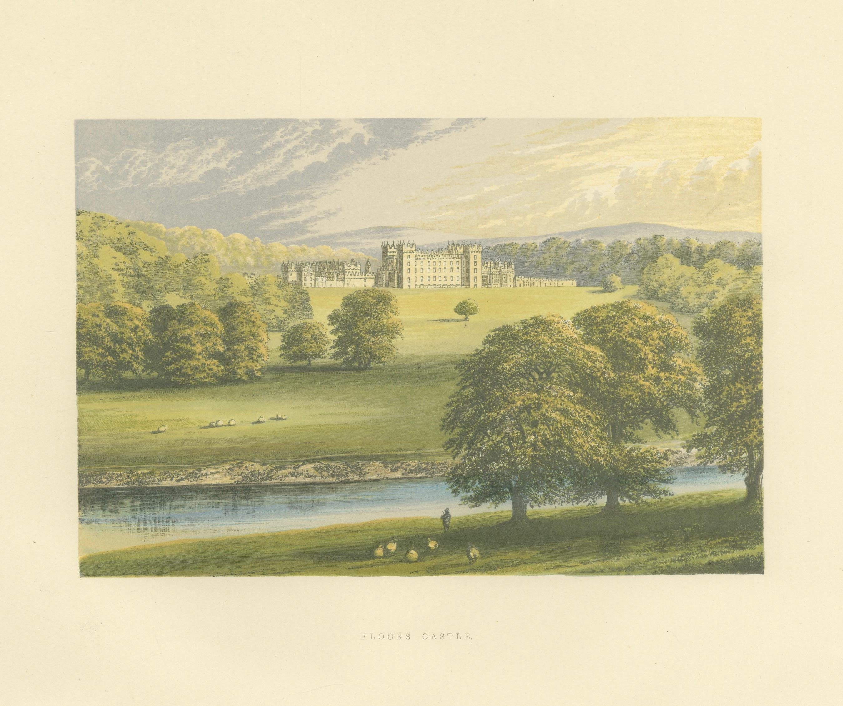 Floors Castle Estate View, Scottish Castle Landscape Engraving, c1850