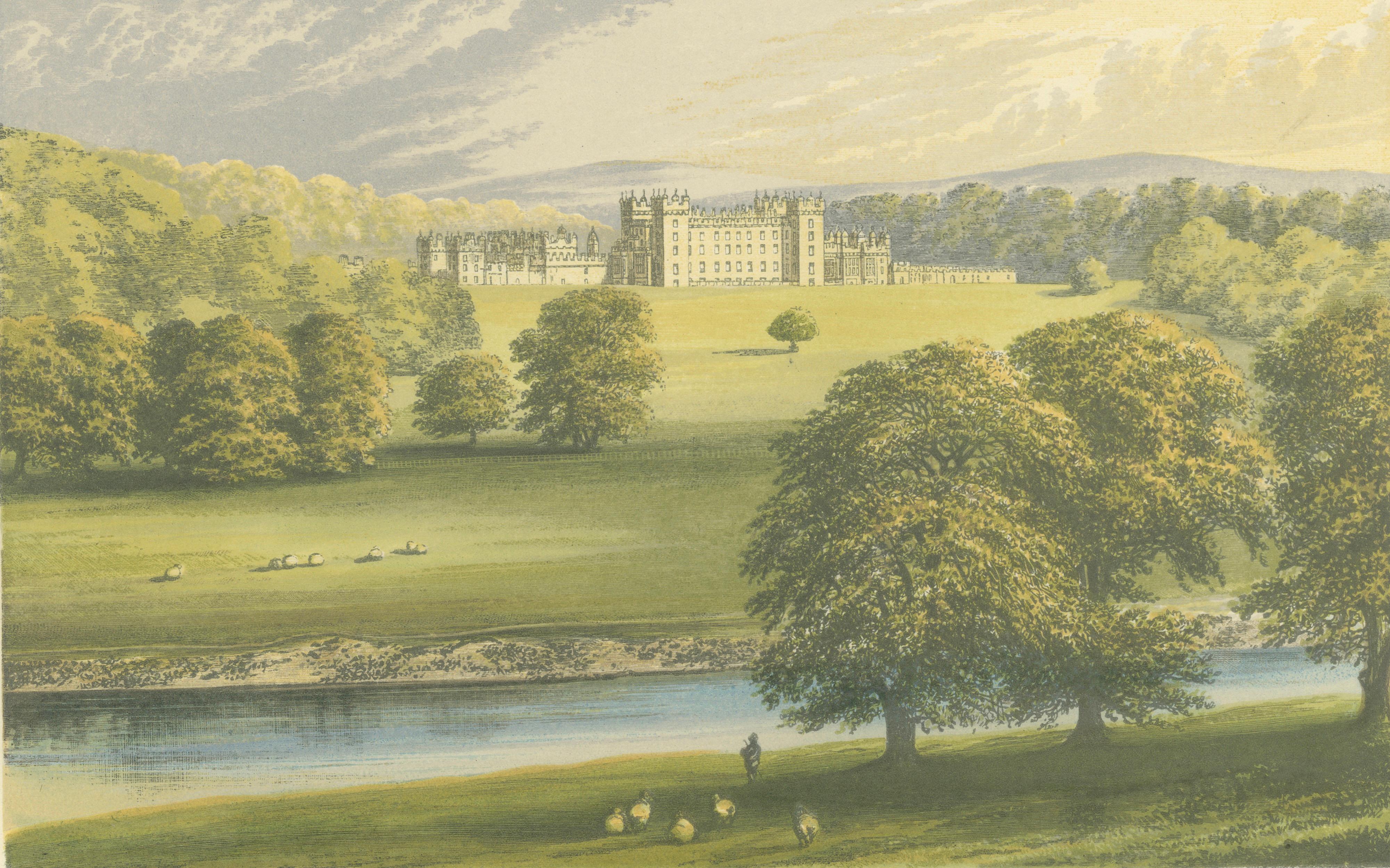 Floors Castle Estate View, Scottish Castle Landscape Engraving, c1850
