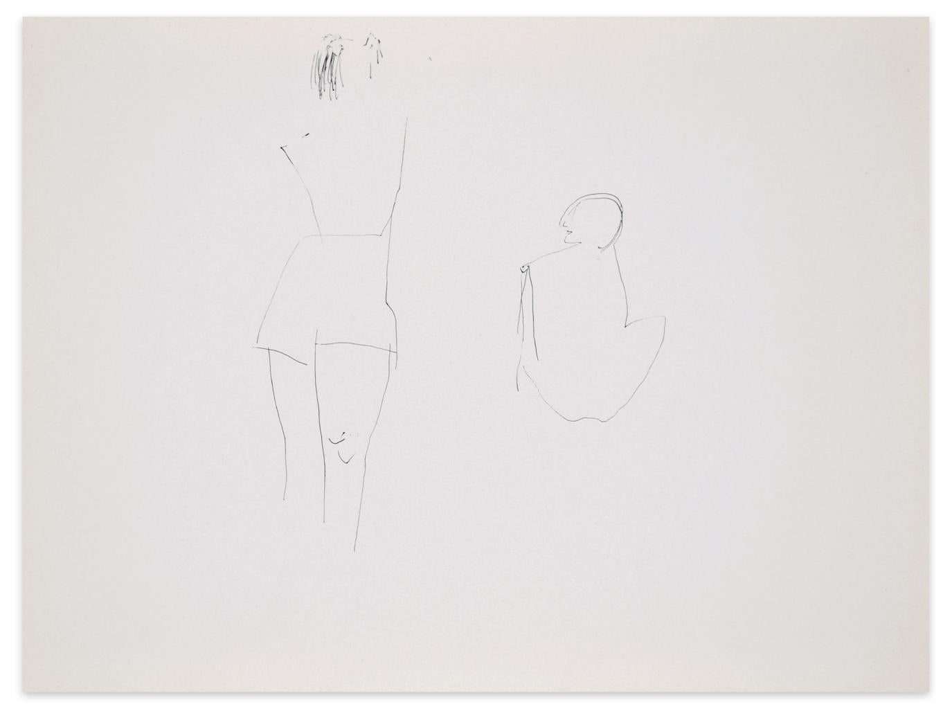Figures - Dessin original à la plume et à l'aquarelle de Flor David - années 1950