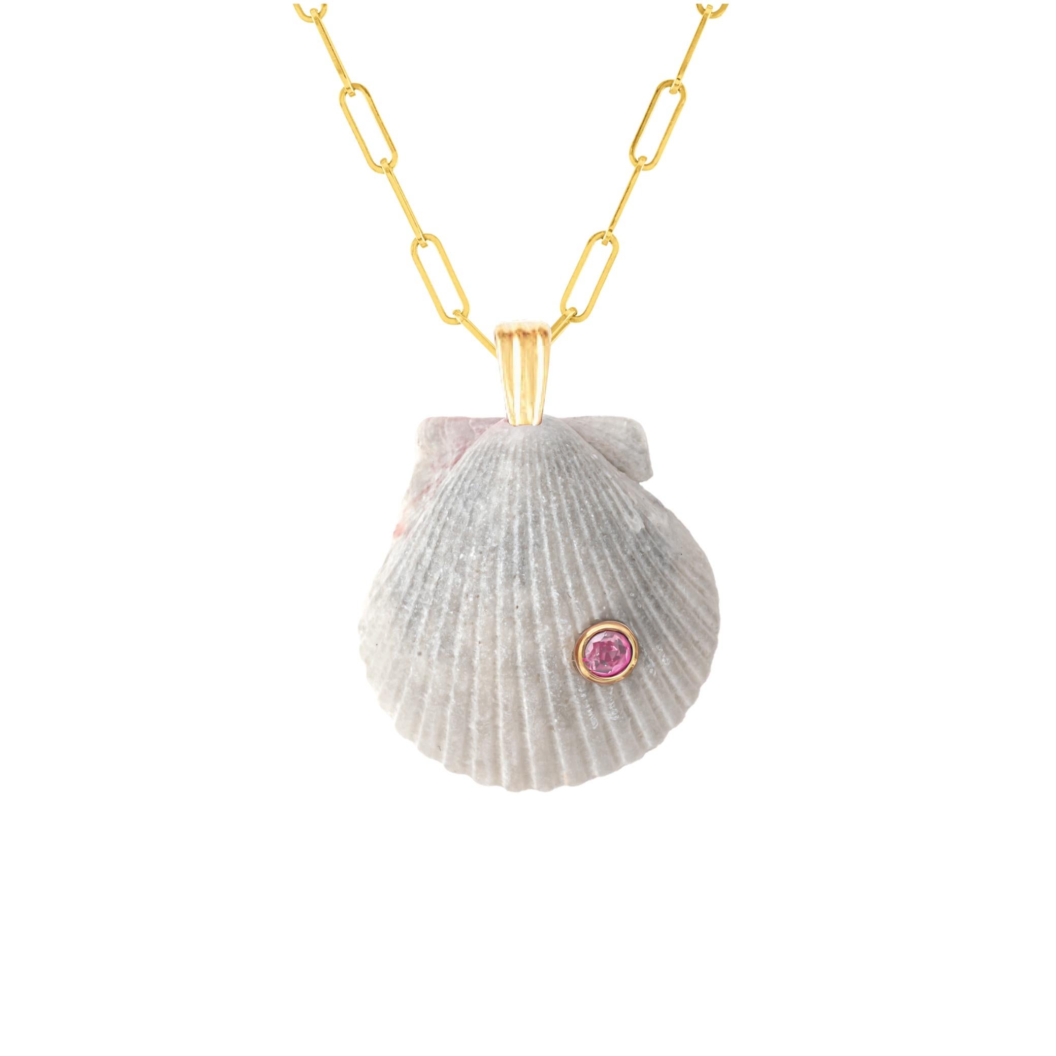 Modern Flor Natural Shell Pendant with 14k Gold and Natural Pink Tourmaline Gemstone For Sale