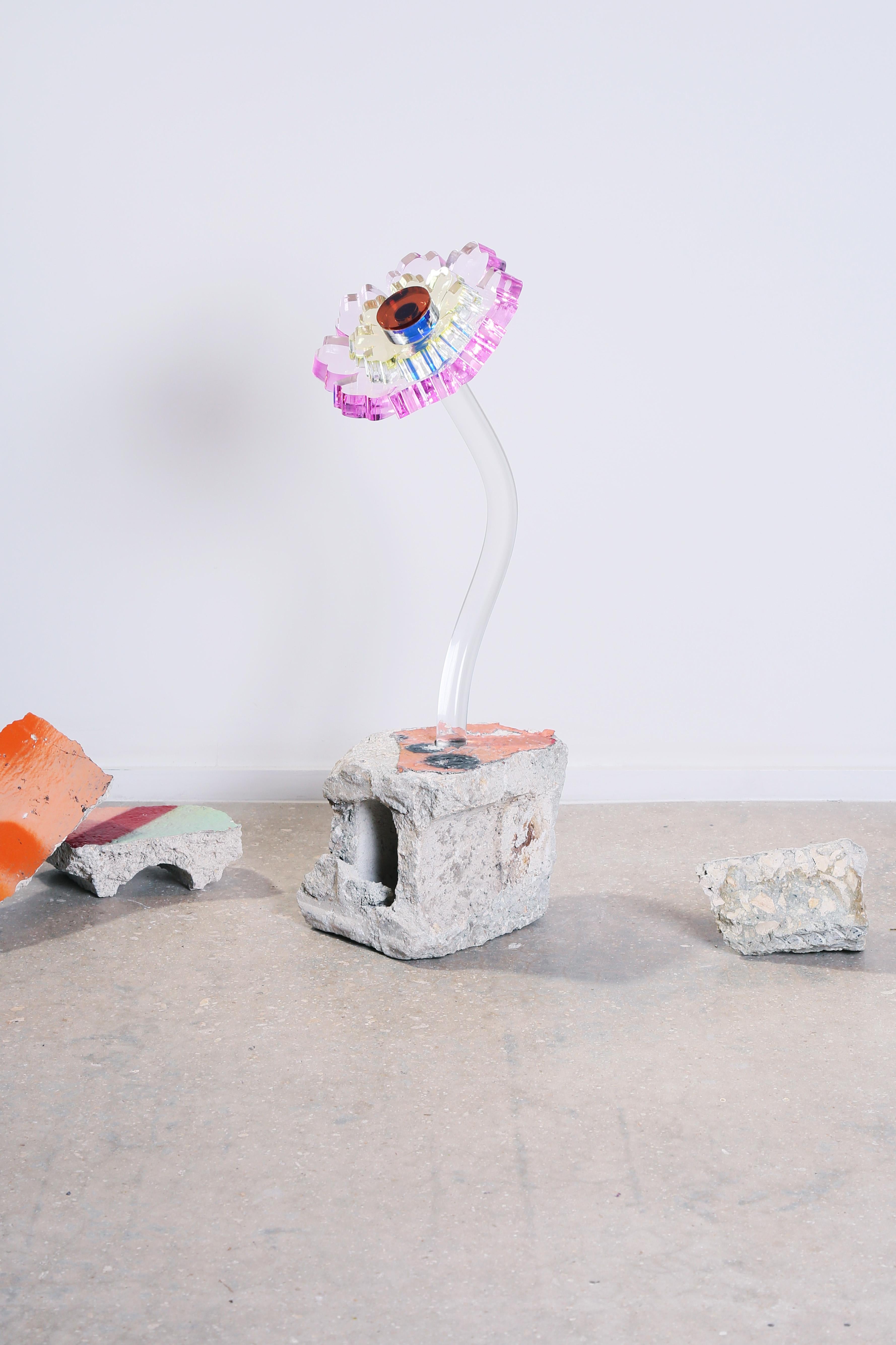 The flora sculptures are part of the Fossils series. Oversized acrylic flower sculptures are combined with repurposed painted concrete rubble from demolished buildings, allowing the artist to pay tribute to the past, while looking to the future. In