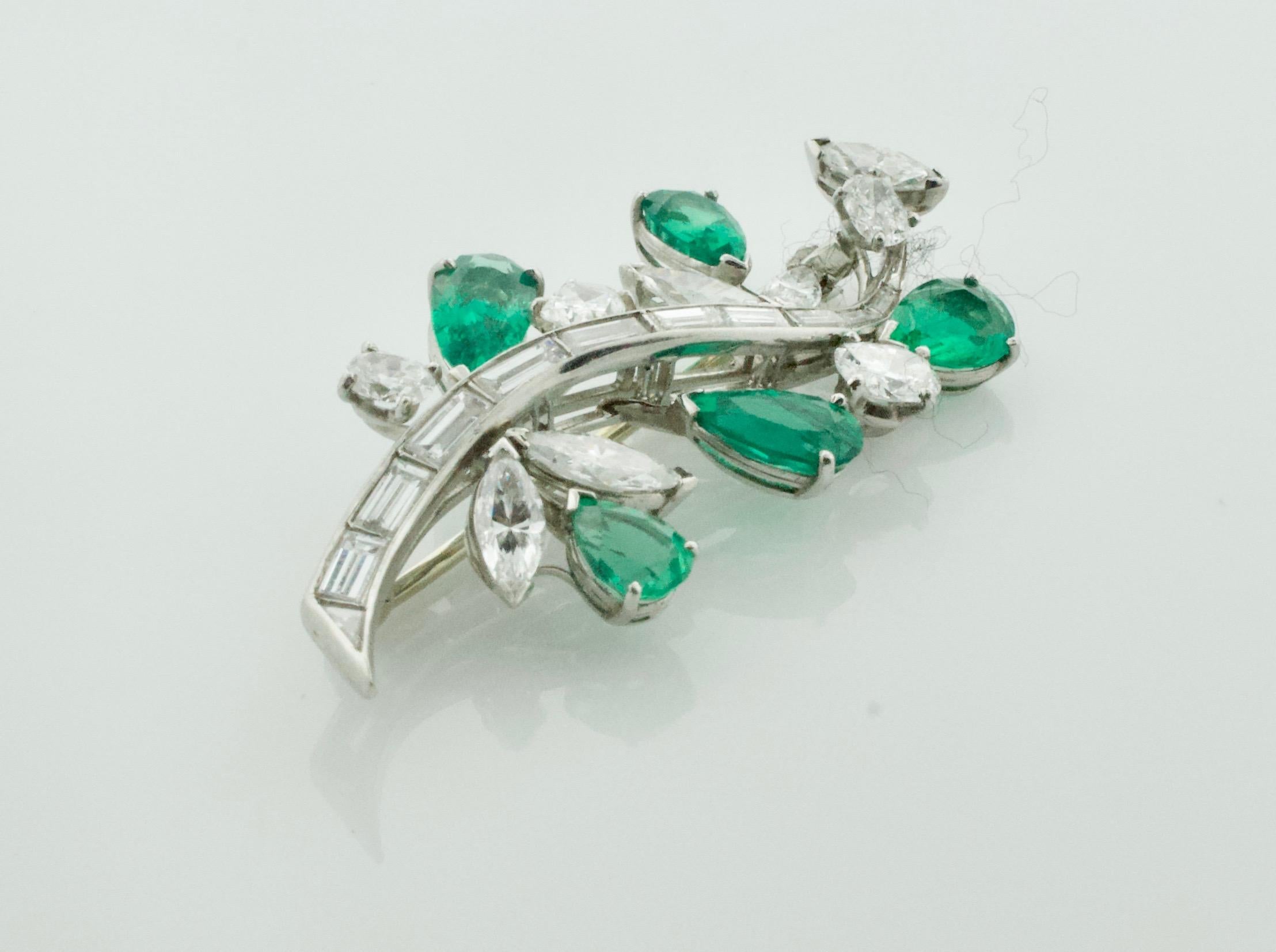 Pear Cut Flora and Fauna Emerald and Diamond Brooch in Platinum, circa 1940s For Sale