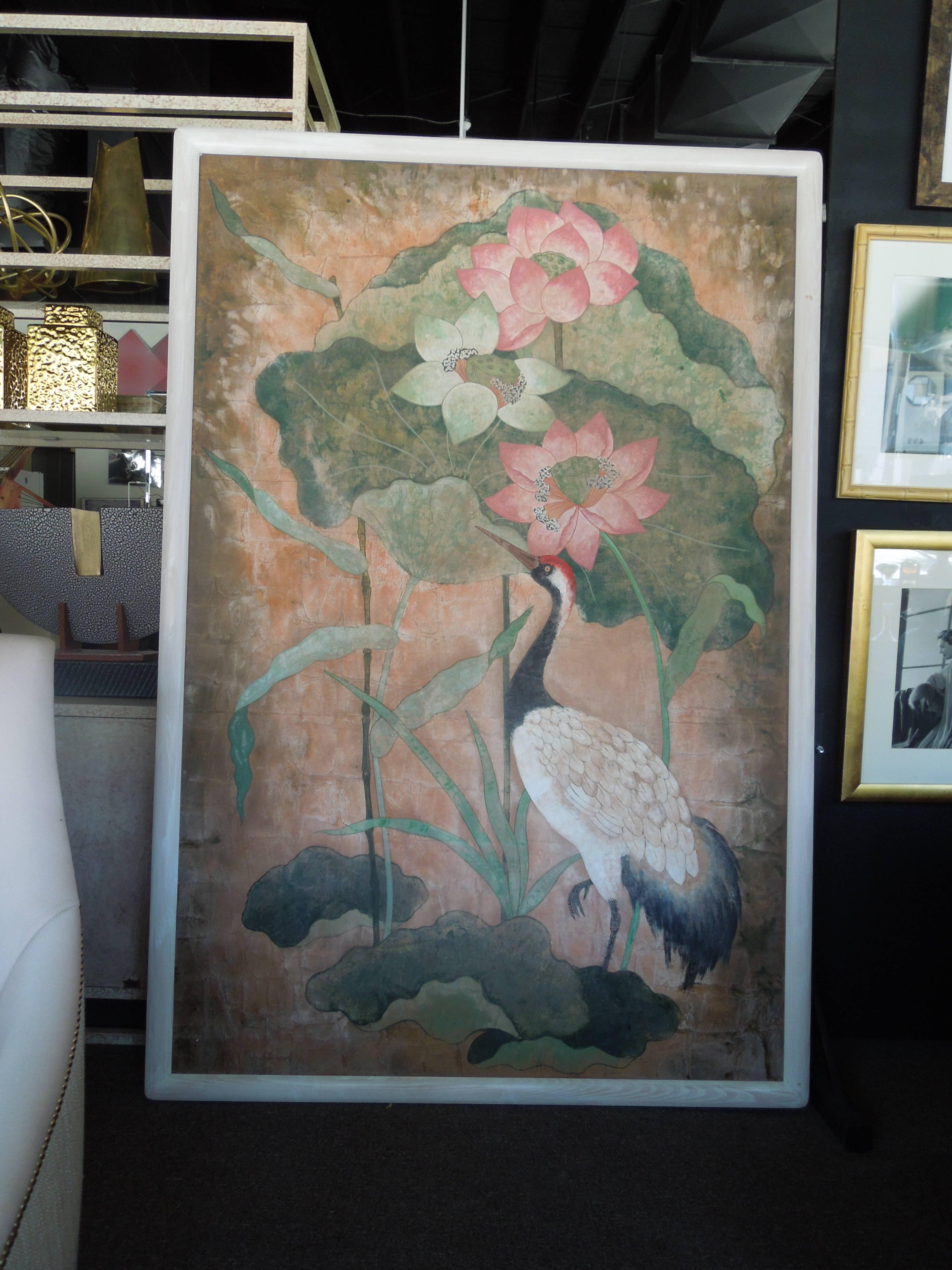 This monumental size Hollywood/chinoiserie style original paintings that were done in the early 1980s for a very upscale, uber chic multi-million dollar Hollywood Regency Estate in Rancho Mirage, CA. The monumental size painting depicts a flora and