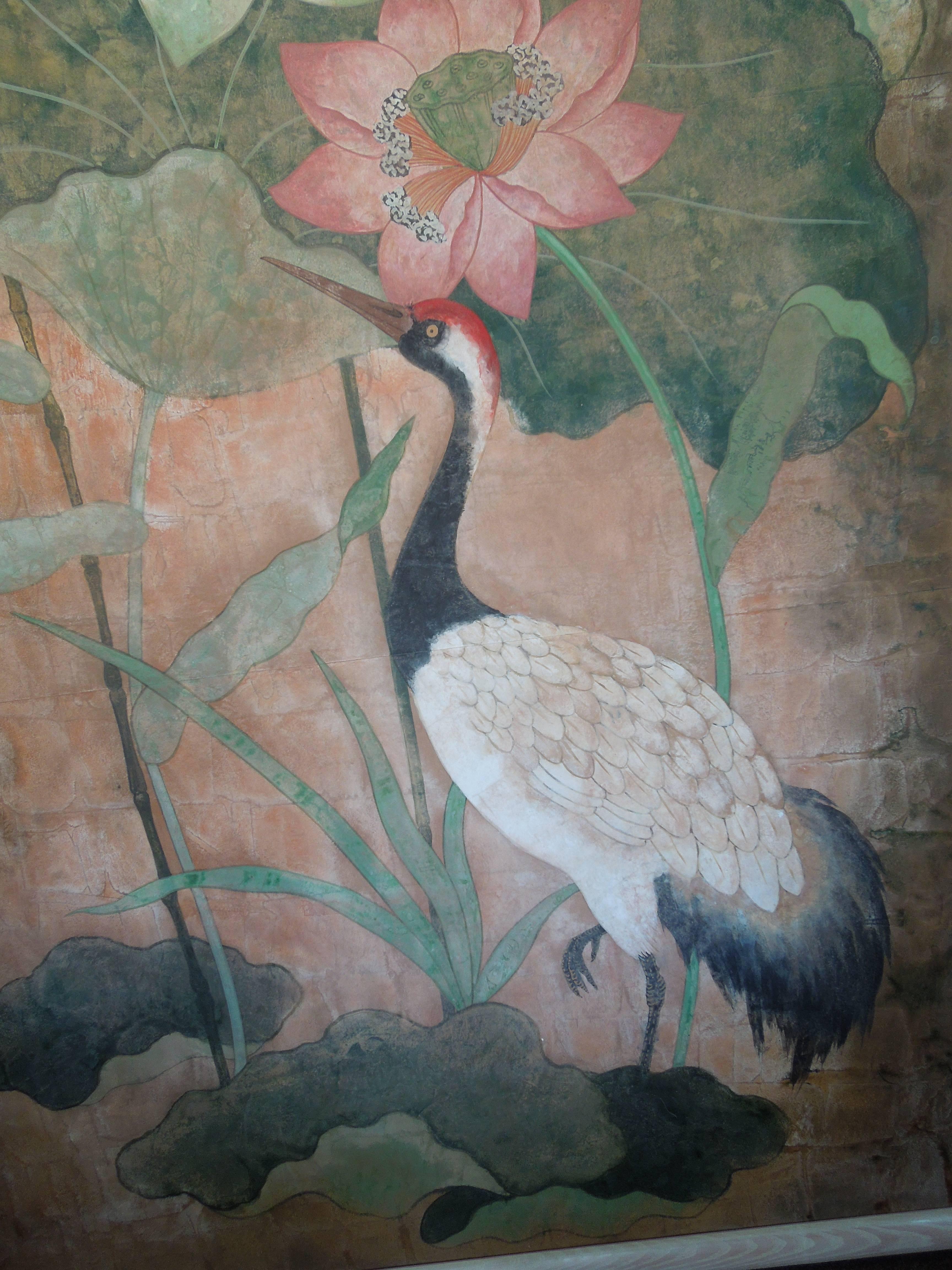 Hand-Painted Flora and Fauna Large Scale Hollywood Regency Style Original Painting