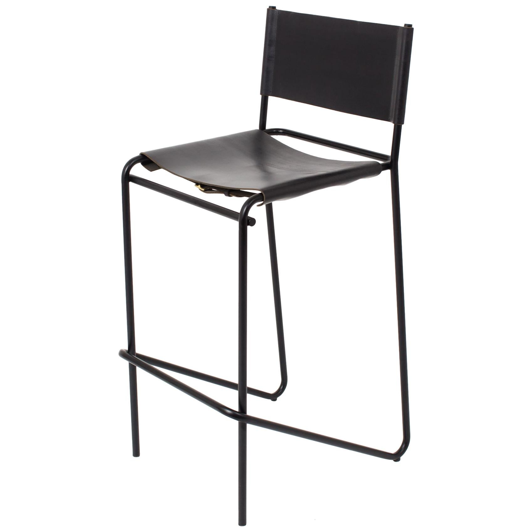 Flora Bar Stool in Black Leather and Black Steel by Steven Bukowski For Sale