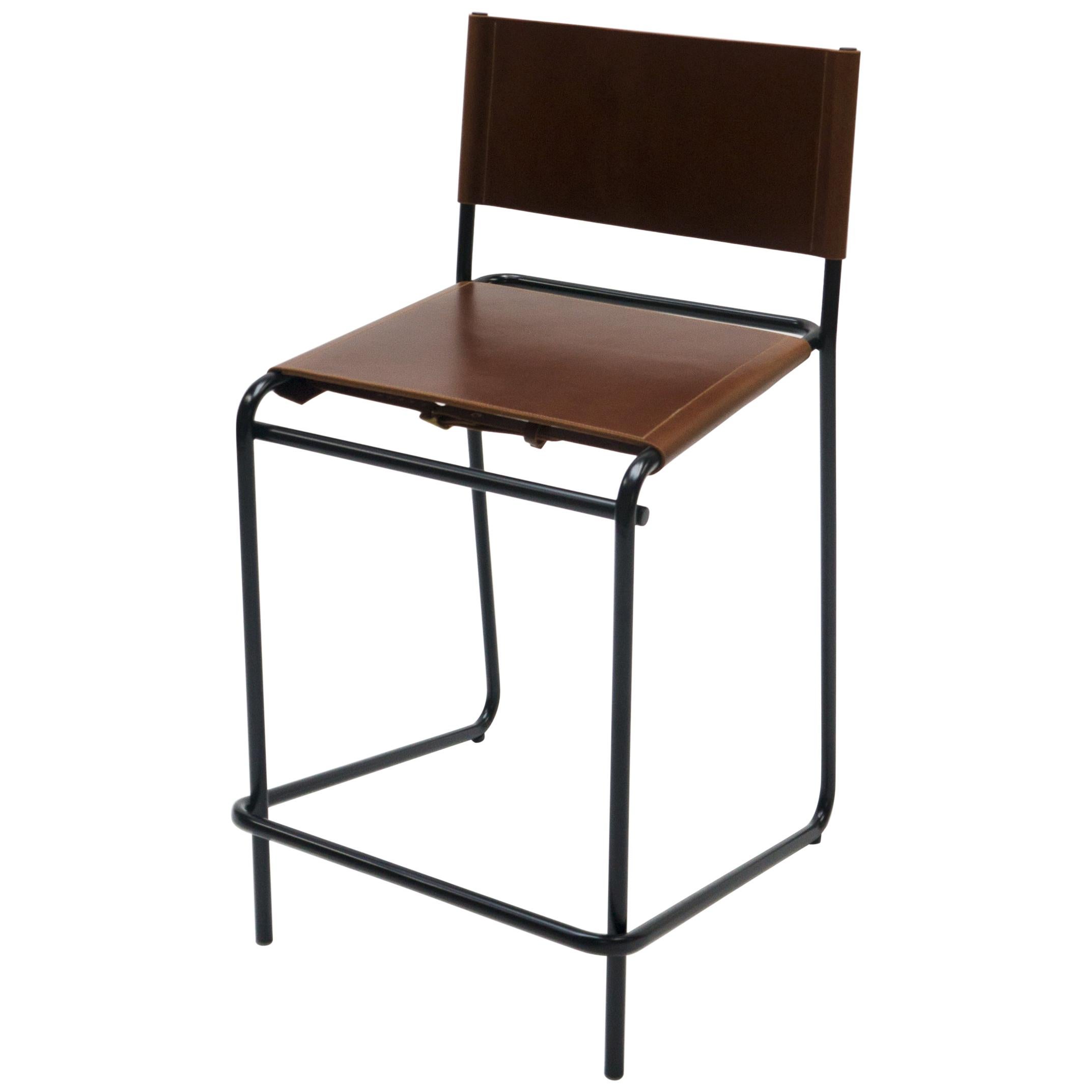 Flora Counter Stool in Brown Leather and Black Steel by Steven Bukowski For Sale