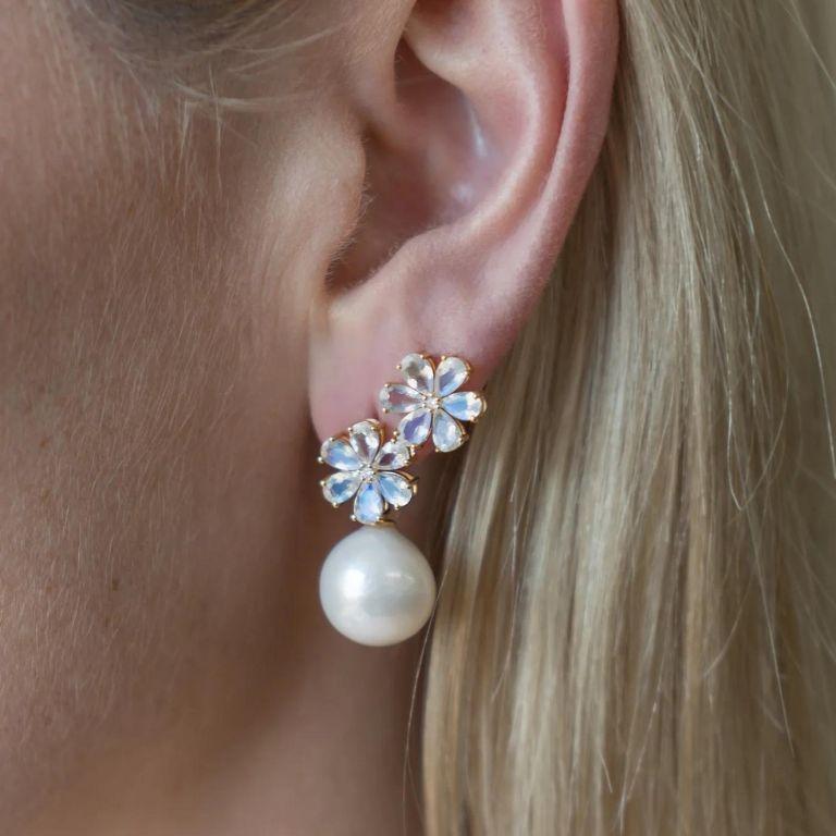Modern Flora Blossom Moonstone Diamond Pearl Convertible Earrings For Sale