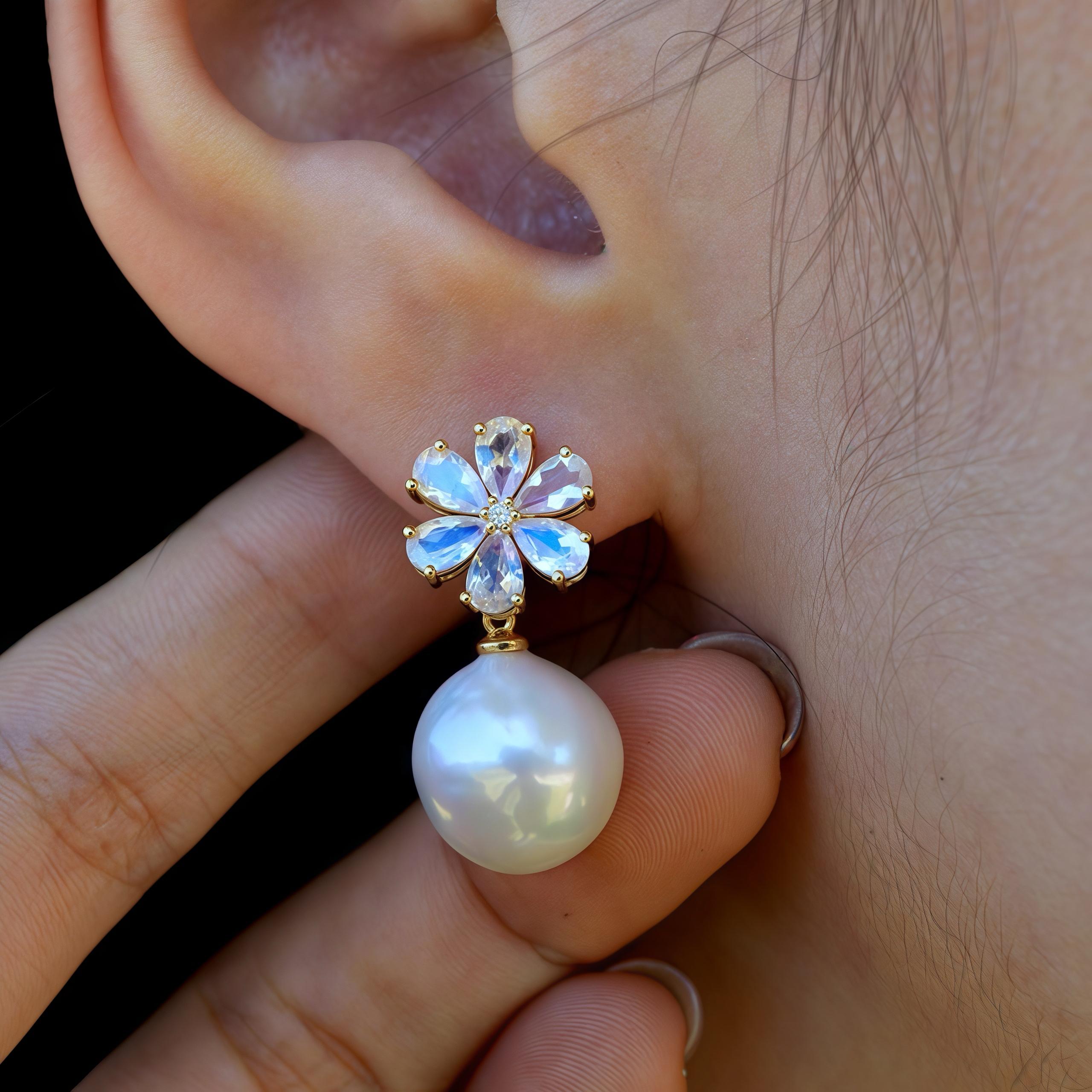 Pear Cut Flora Blossom Moonstone Diamond Pearl Convertible Earrings For Sale