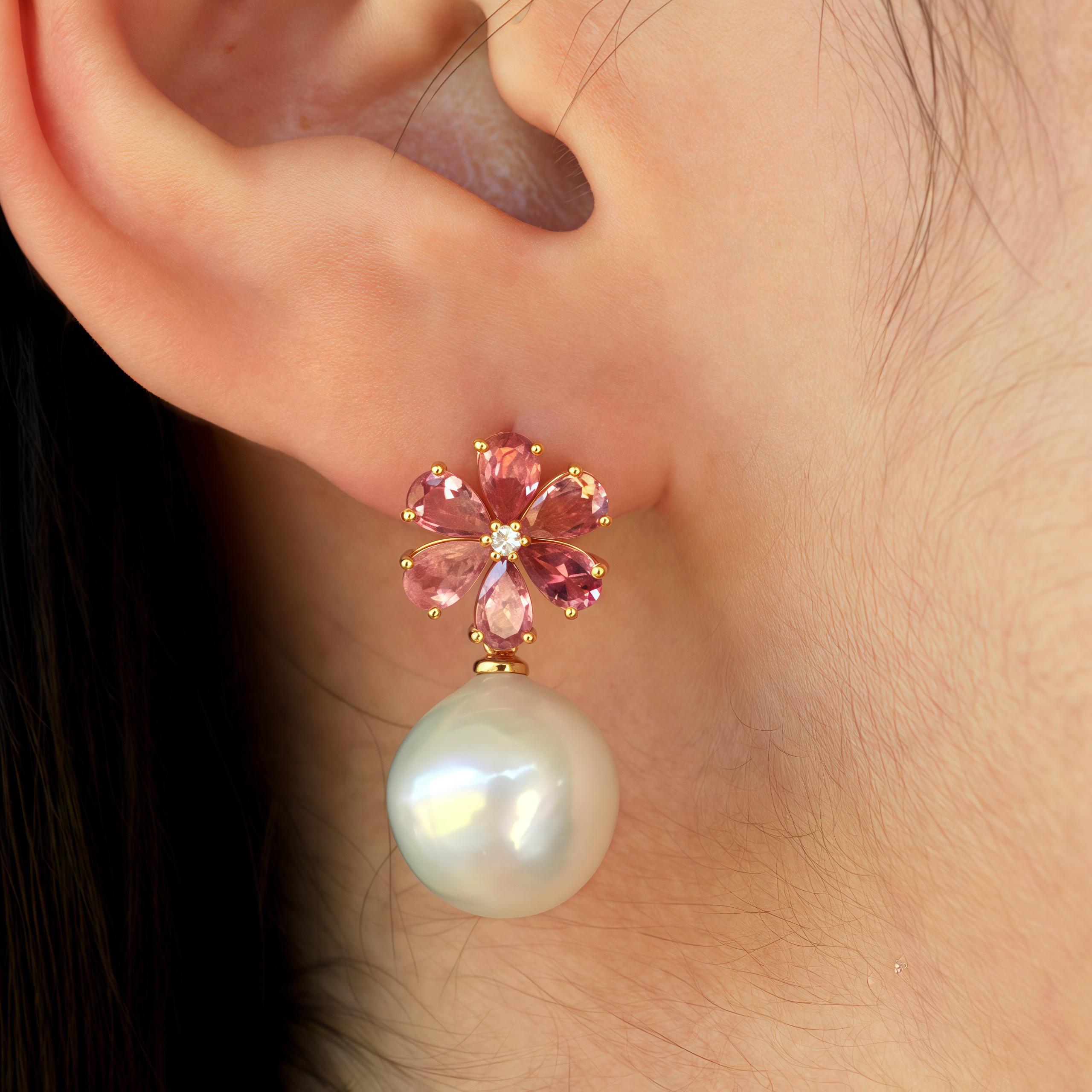 Modern Flora Blossom Pink Tourmaline Diamond Pearl Convertible Earrings For Sale