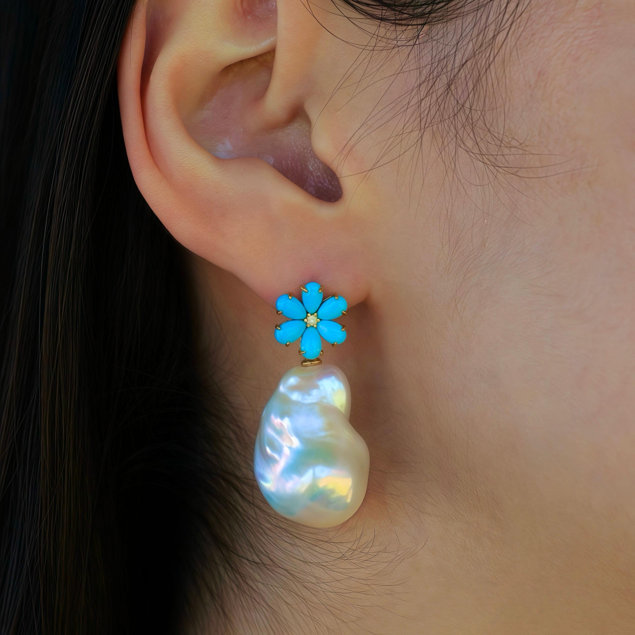 Modern Flora Blossom Turquoise Diamond Baroque Pearl Convertible Earrings For Sale