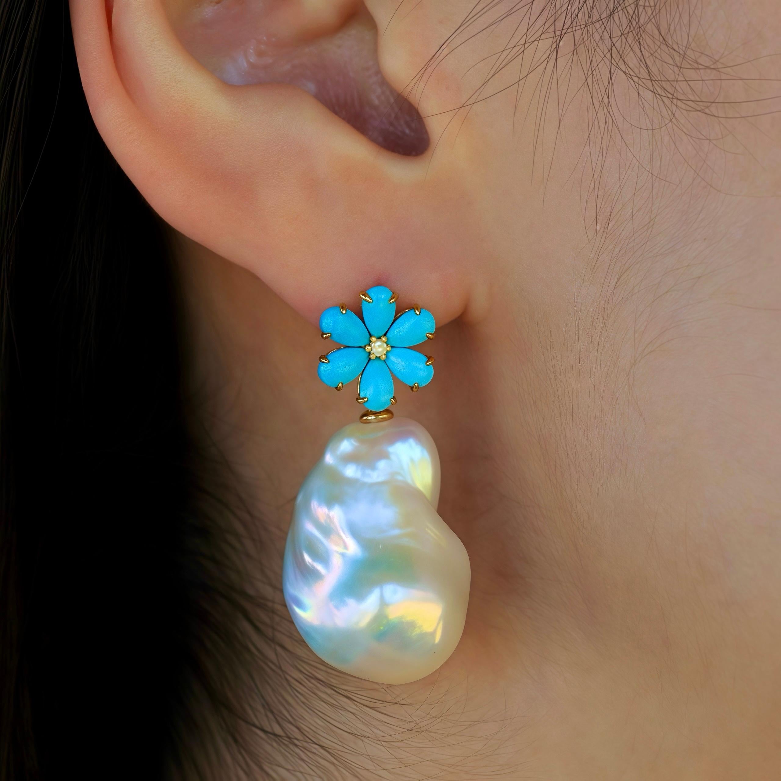 Pear Cut Flora Blossom Turquoise Diamond Baroque Pearl Convertible Earrings For Sale