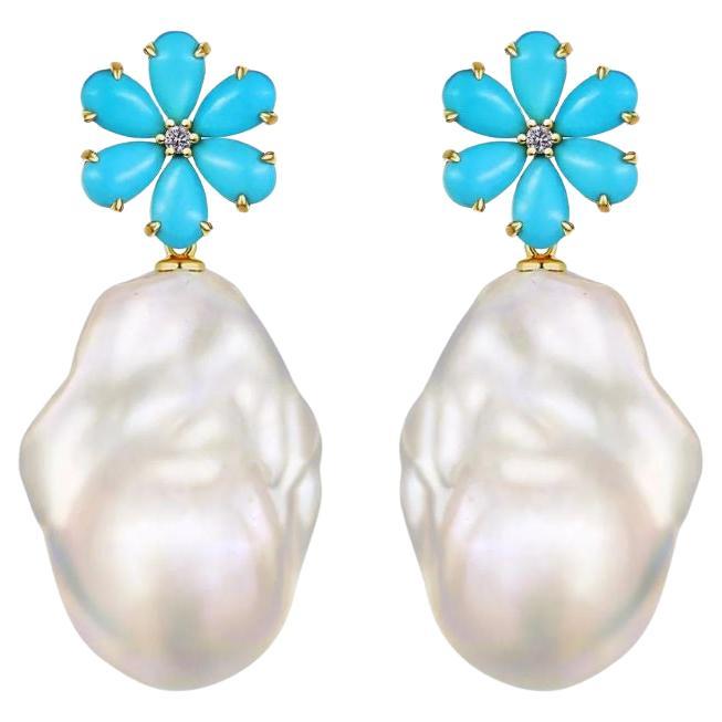 Flora Blossom Turquoise Diamond Baroque Pearl Convertible Earrings