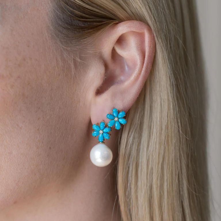 Modern Flora Blossom Turquoise Diamond Pearl Convertible Earrings For Sale