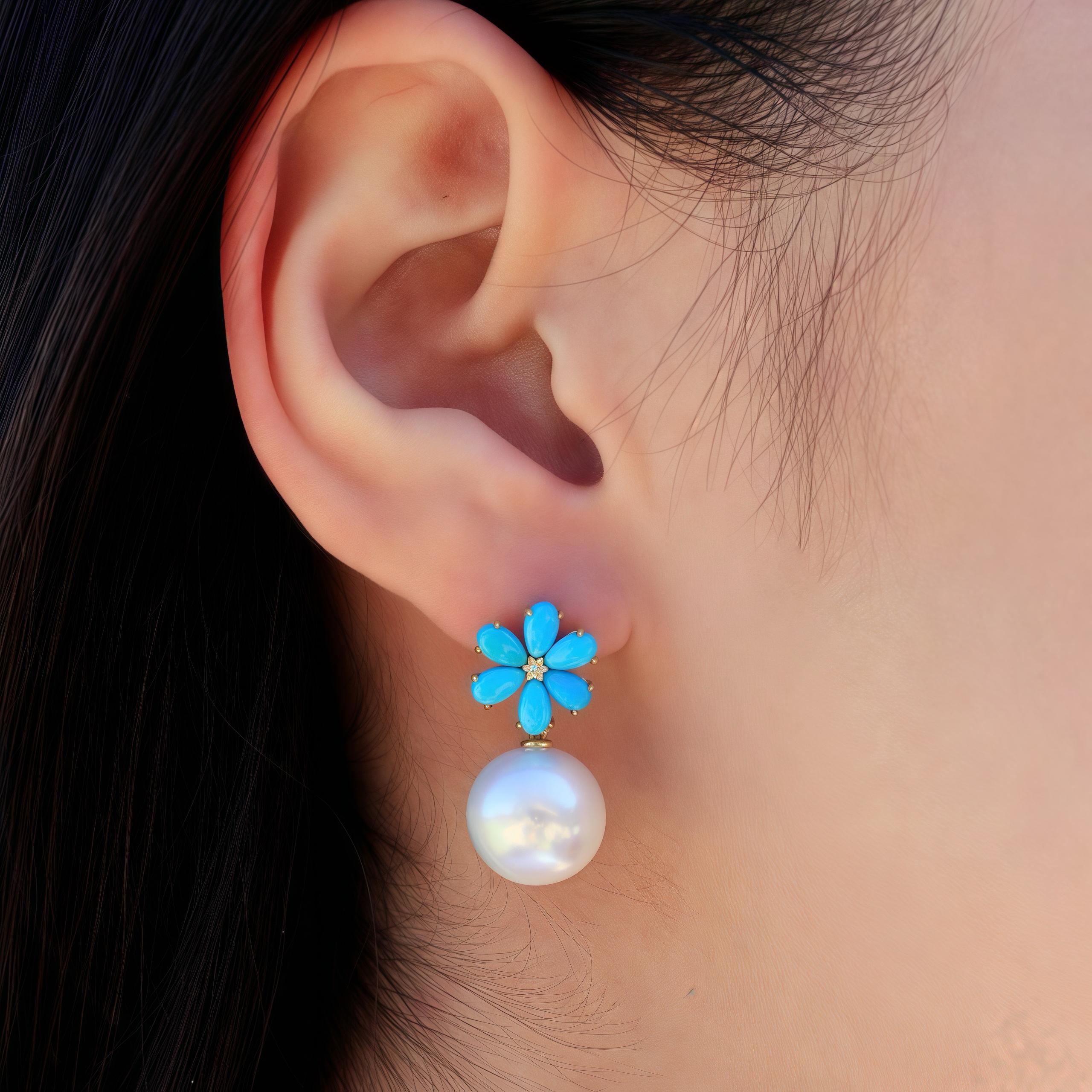 Pear Cut Flora Blossom Turquoise Diamond Pearl Convertible Earrings For Sale