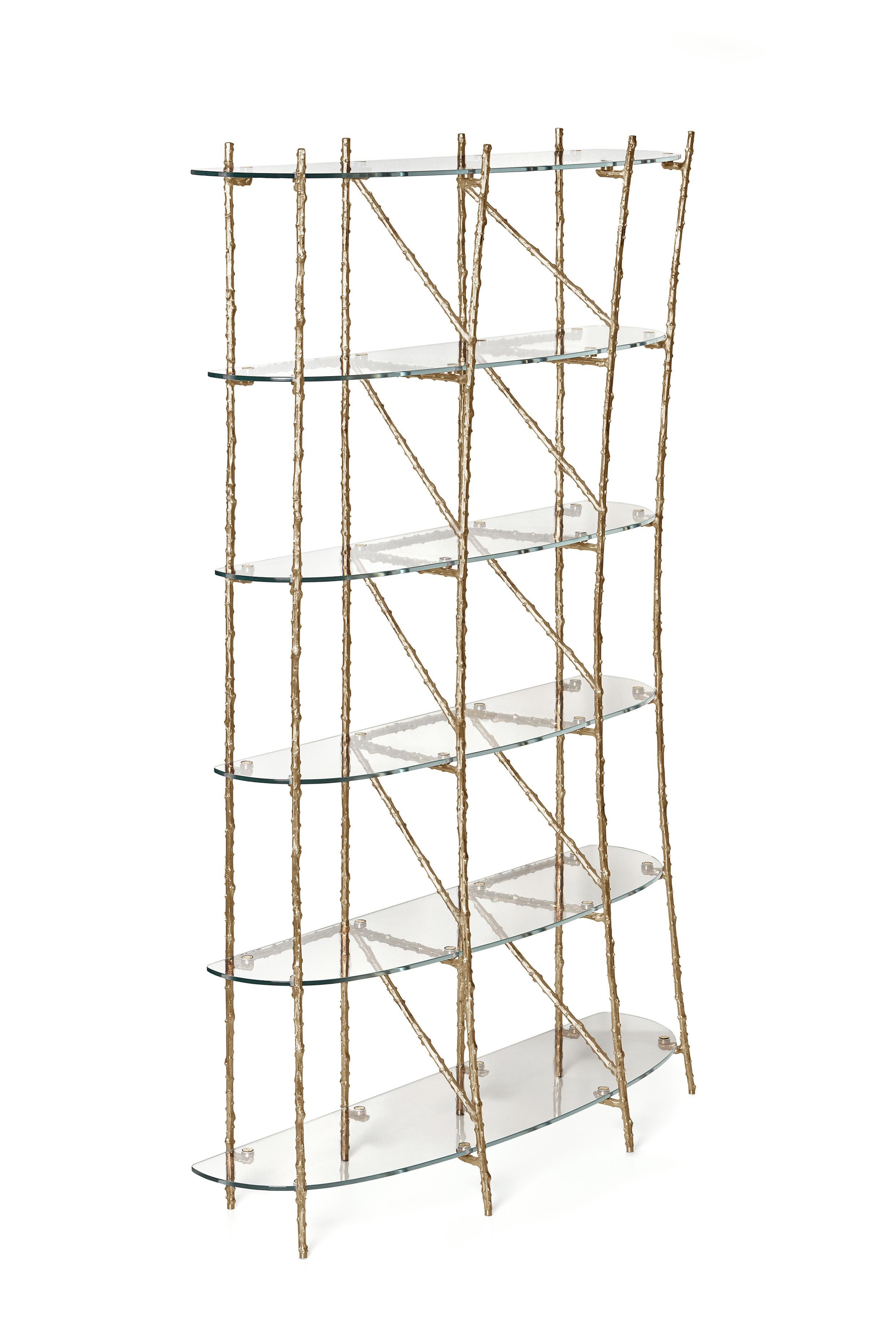 Flora Bookcase by Ginger & Jagger
Dimensions: D 50 x W 145 x H 220 cm. 
Materials: Brass and glass.
Finish: Structure in cast Brass in Brass finishing; shelves in Glass in Clear finishing.

This product is suitable for custom size. This product is