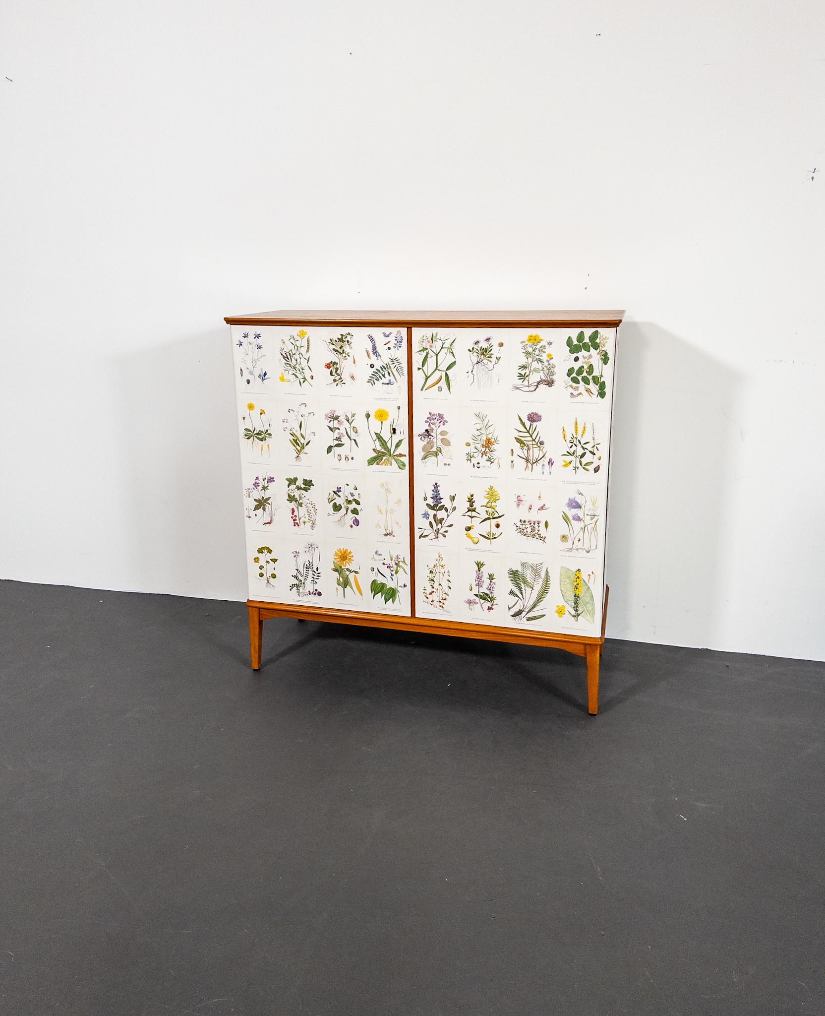 Un mobile moderno svedese degli anni '50 davvero unico e accattivante, splendidamente realizzato in legno di olmo e decorato con stampe botaniche di Nordens Flora. L'esterno è decorato con illustrazioni dettagliate di piante e fiori nordici, che