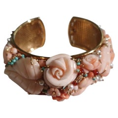 Flora Carved Mediterranean Coral Cuff with Pearls, Turquoises and Carnelians