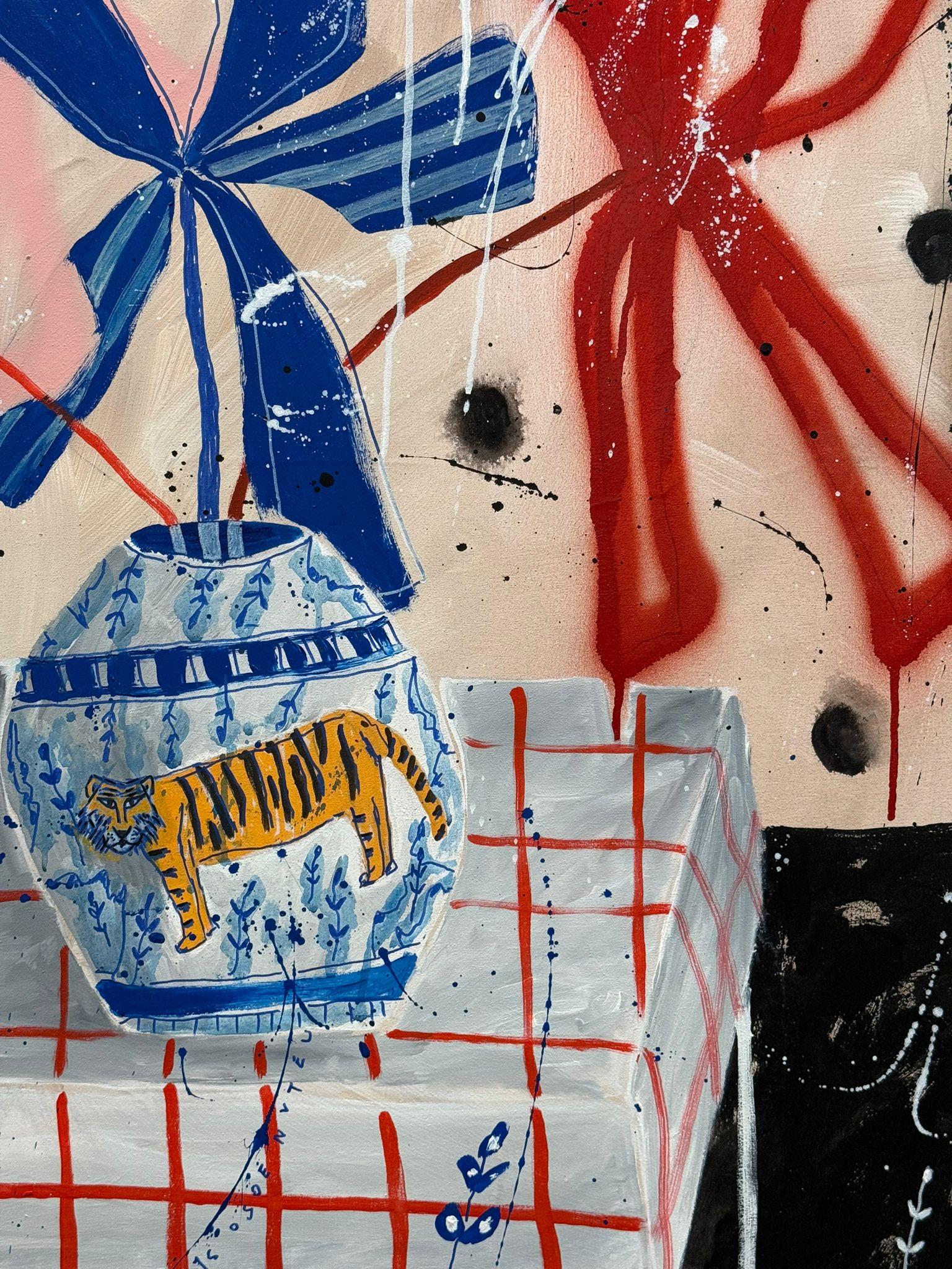 Flora Castiglia Still Life with Blue Vase and Abstract Red and Blue Leaves 2025 For Sale 1