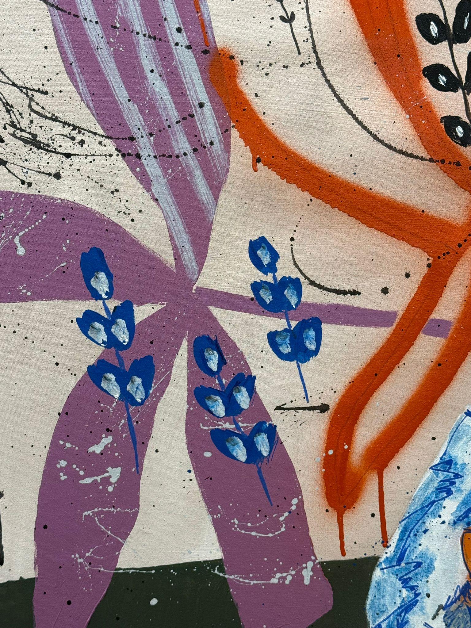 Flora Castiglia Still Life with Blue Vase and Abstract Red and Blue Leaves 2025 For Sale 1