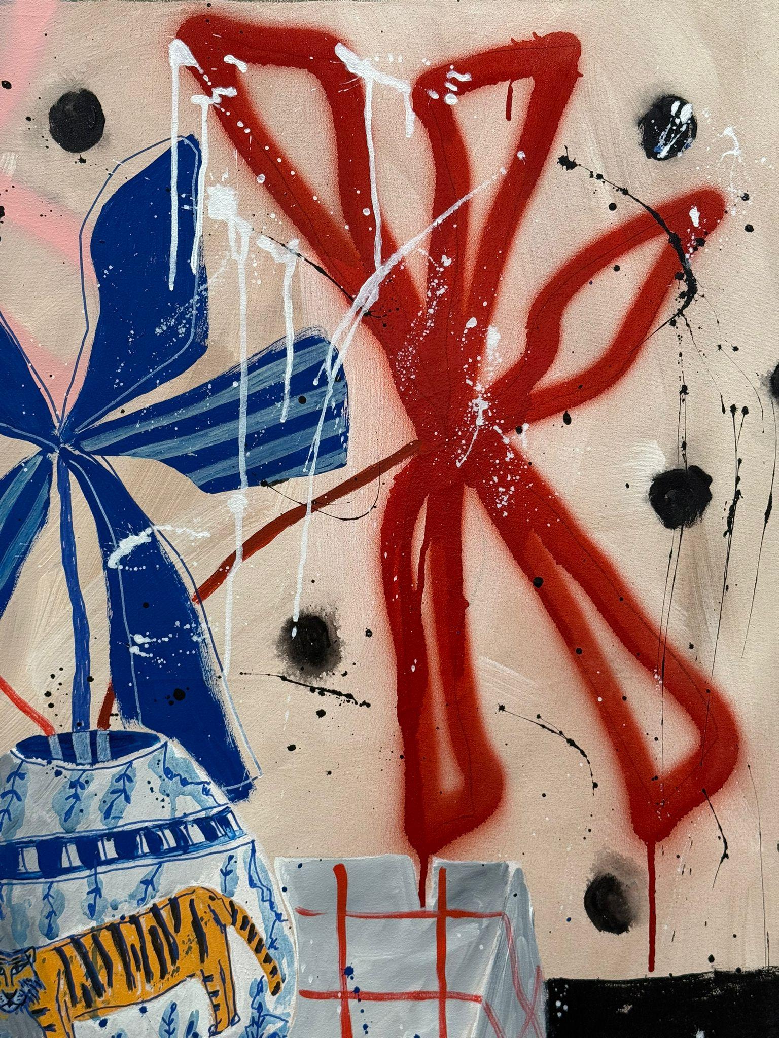 Flora Castiglia Still Life with Blue Vase and Abstract Red and Blue Leaves 2025 For Sale 2