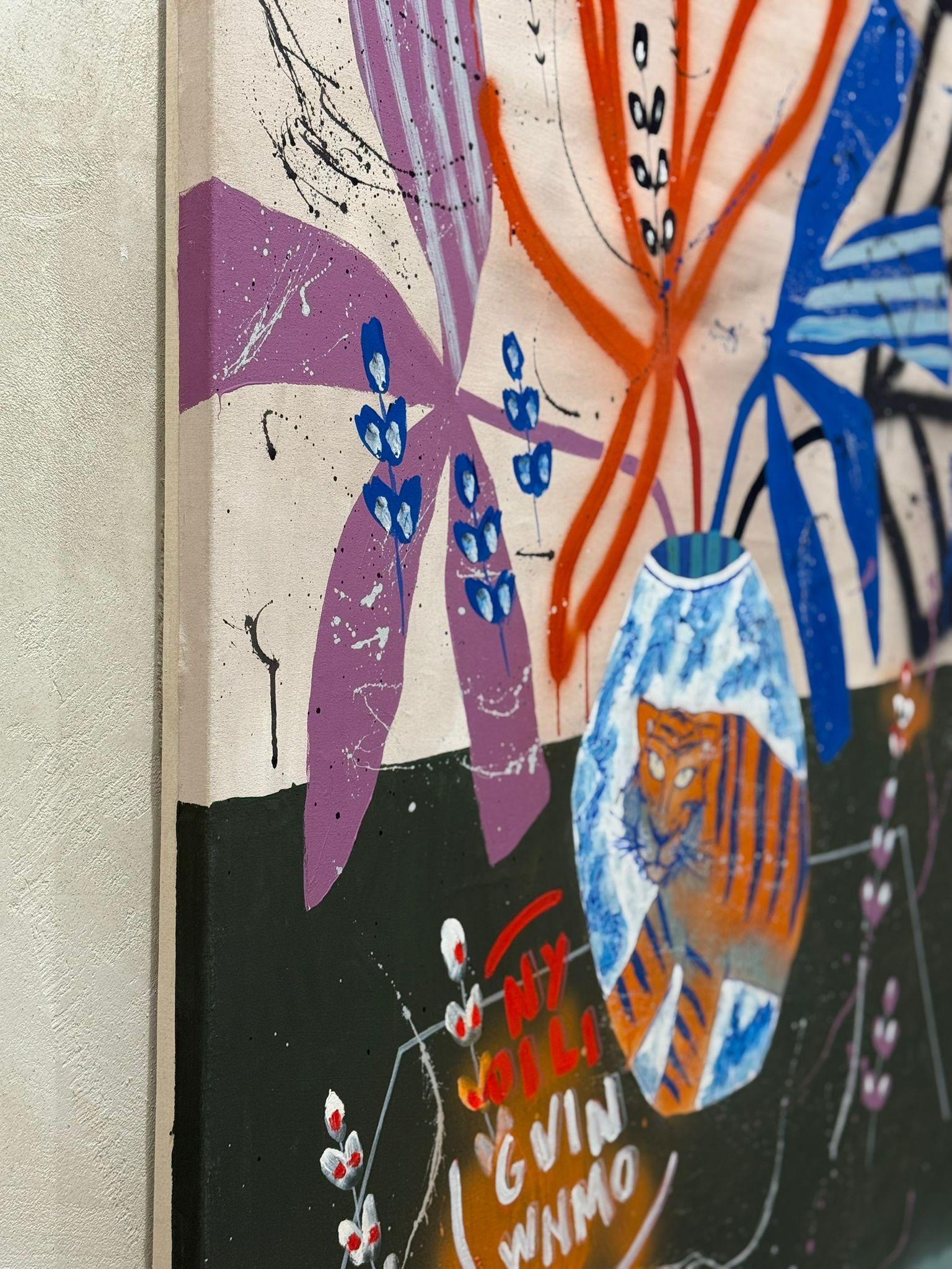 Flora Castiglia Still Life with Blue Vase and Abstract Red and Blue Leaves 2025 For Sale 2
