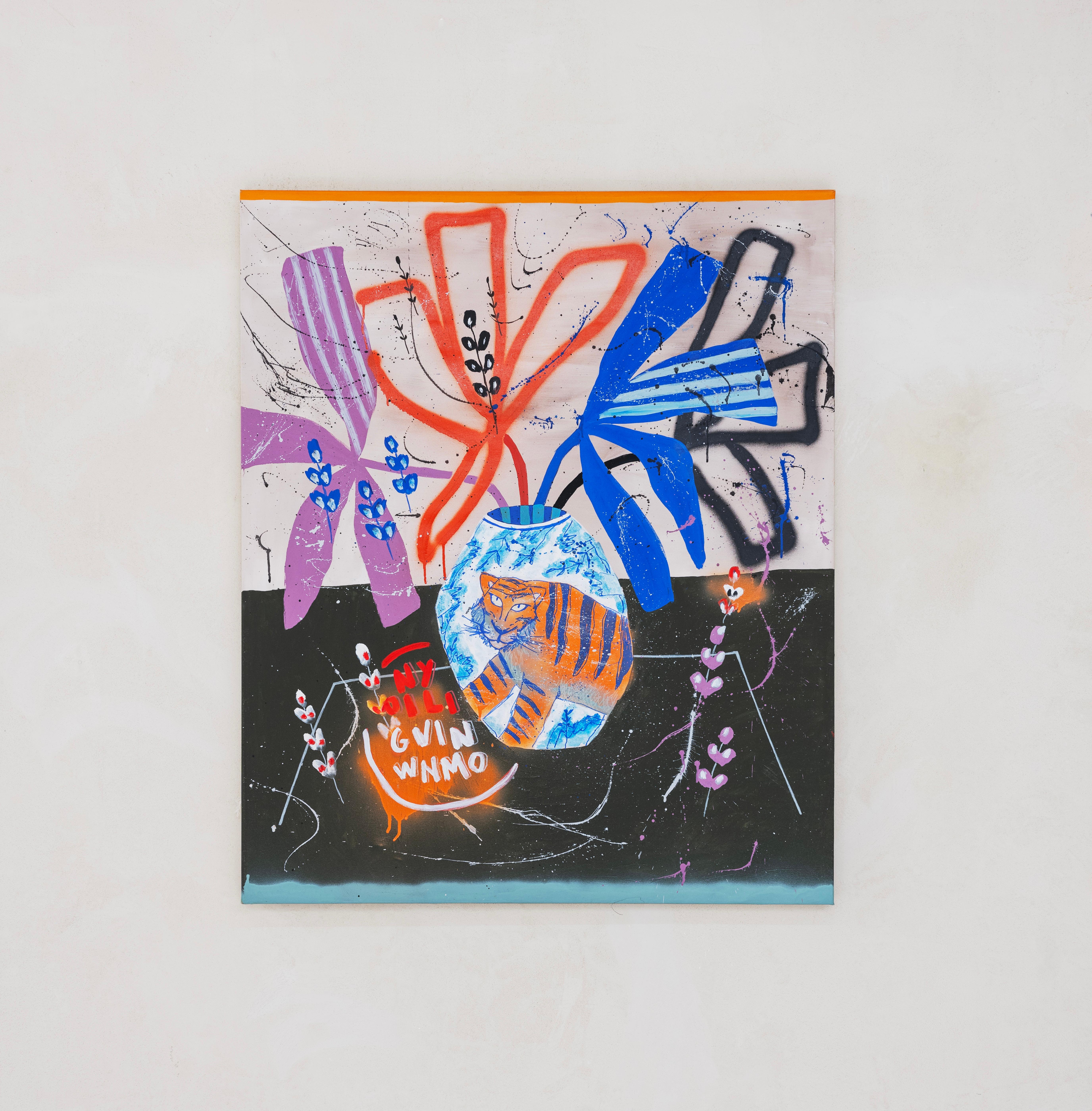 Flora Castiglia Still Life with Blue Vase and Abstract Red and Blue Leaves 2025 For Sale 4