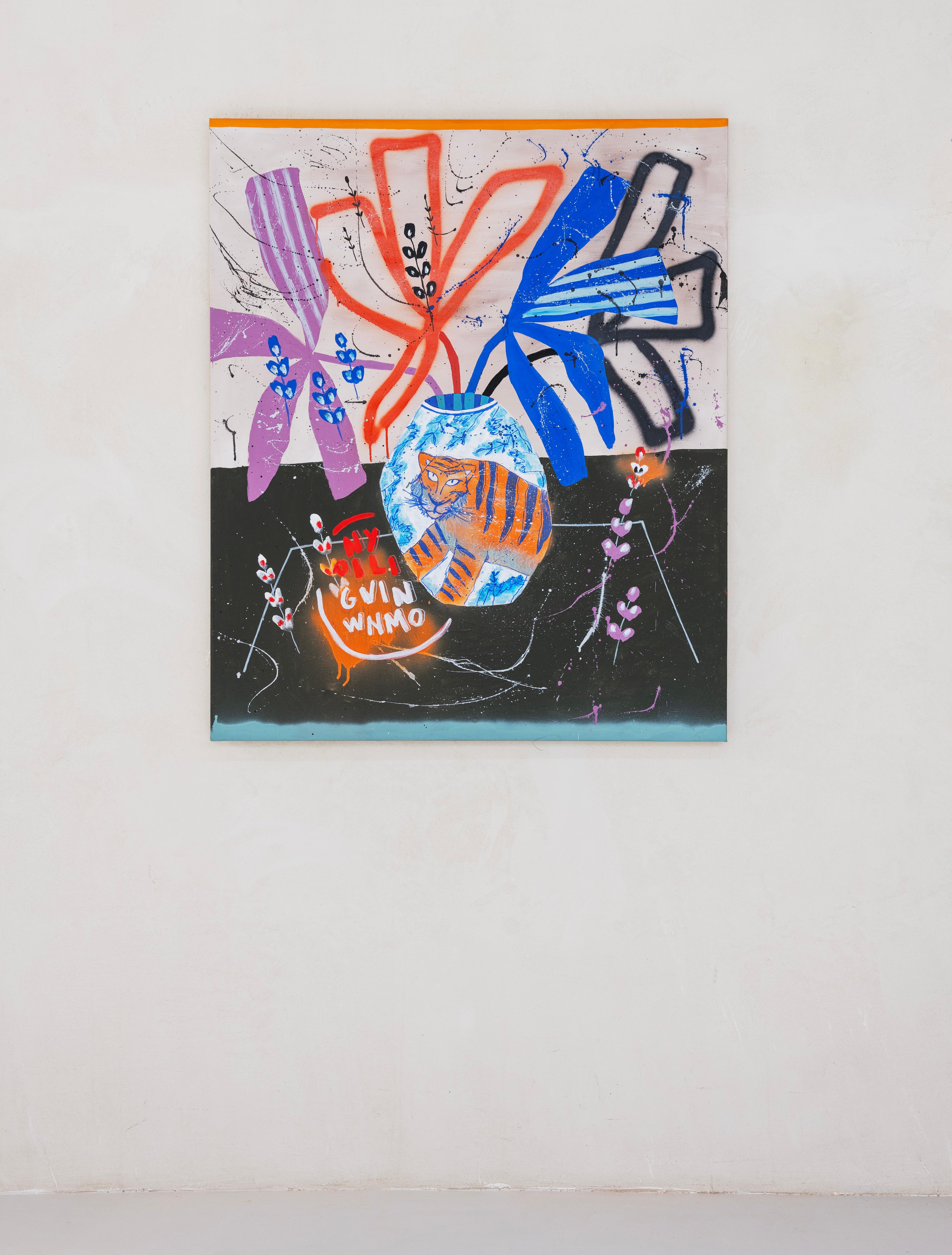 Flora Castiglia Still Life with Blue Vase and Abstract Red and Blue Leaves 2025 For Sale 5