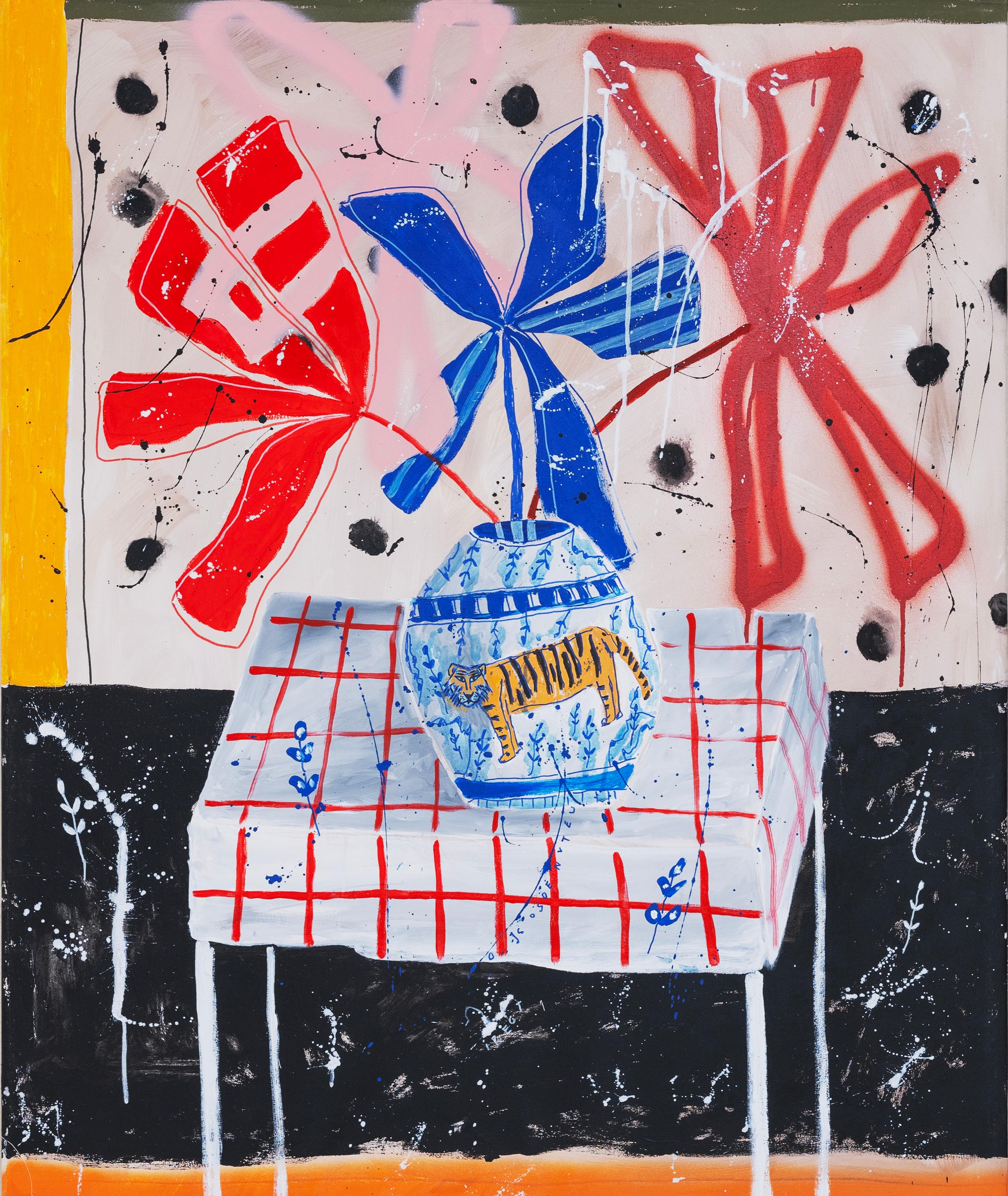 Flora Castiglia Still Life with Blue Vase and Abstract Red and Blue Leaves 2025