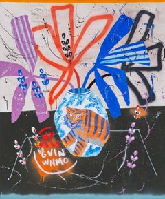 Flora Castiglia Still Life with Blue Vase and Abstract Red and Blue Leaves 2025