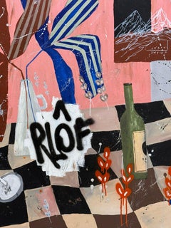 Flora Castiglia - Nature morte avec bouteille, feuilles rayées et montagnes, 2025