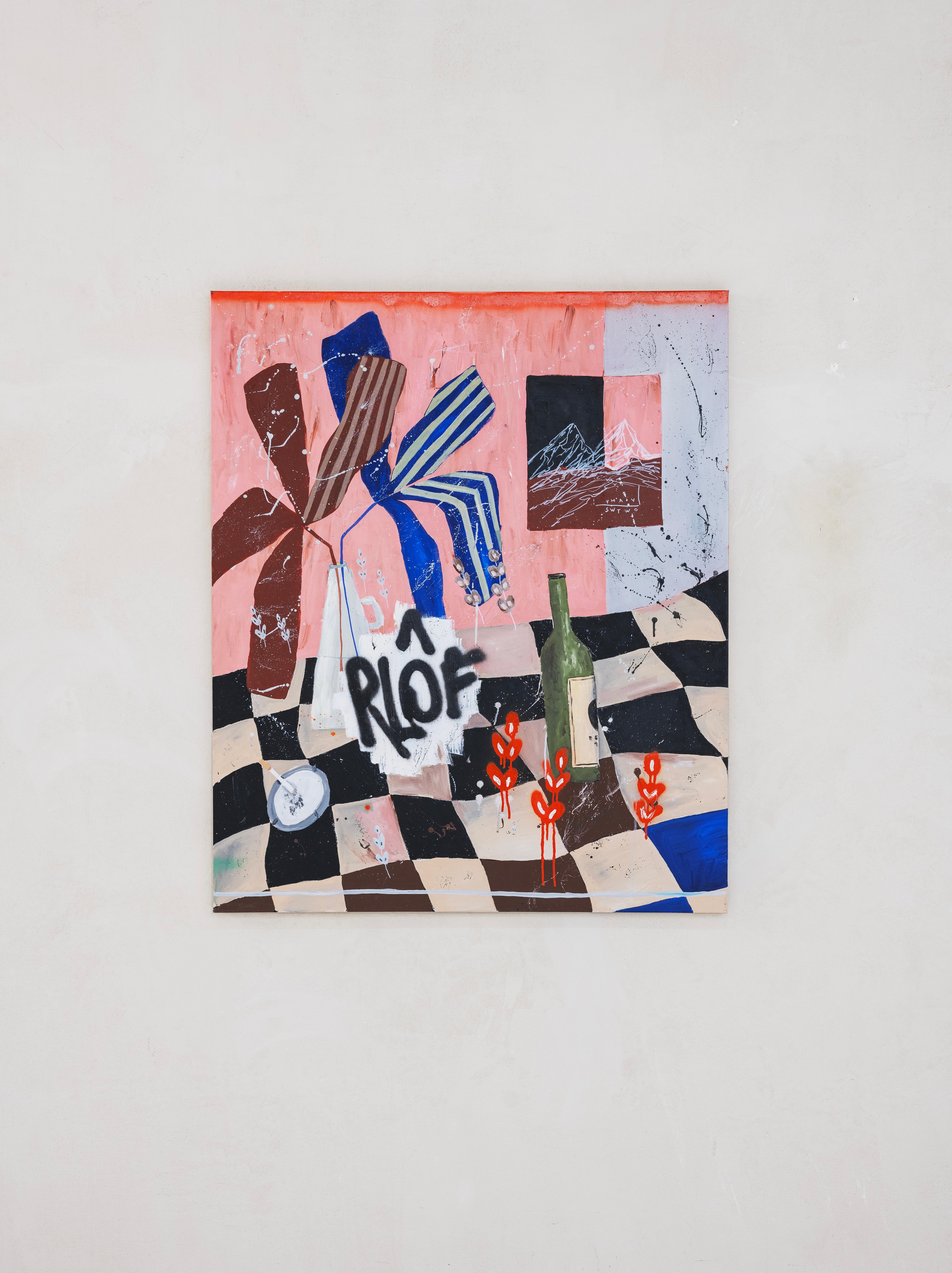 Flora Castiglia — Still Life with Bottle, Striped Leaves, and Mountains, 2025 For Sale 3