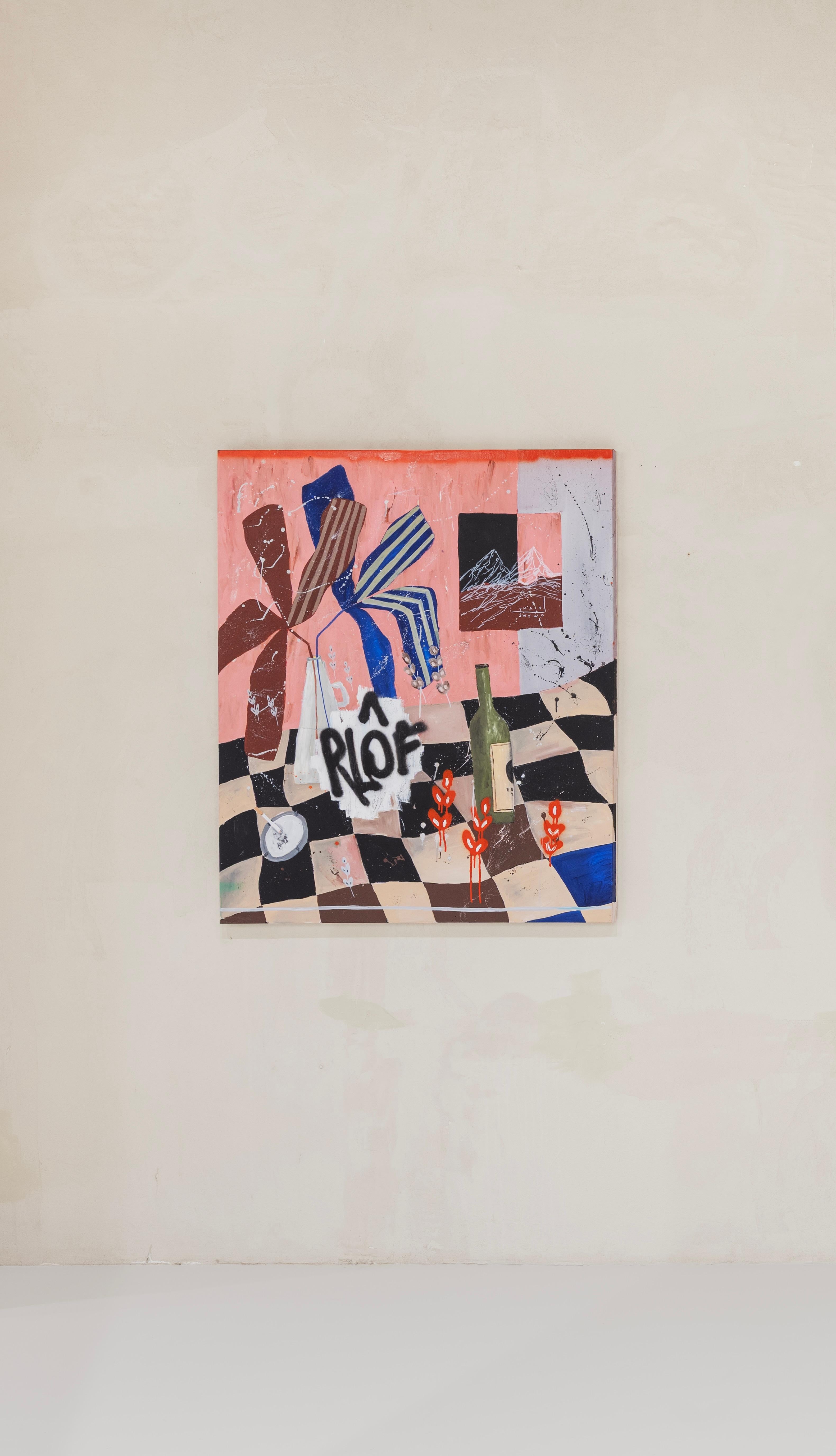 Flora Castiglia — Still Life with Bottle, Striped Leaves, and Mountains, 2025 For Sale 4