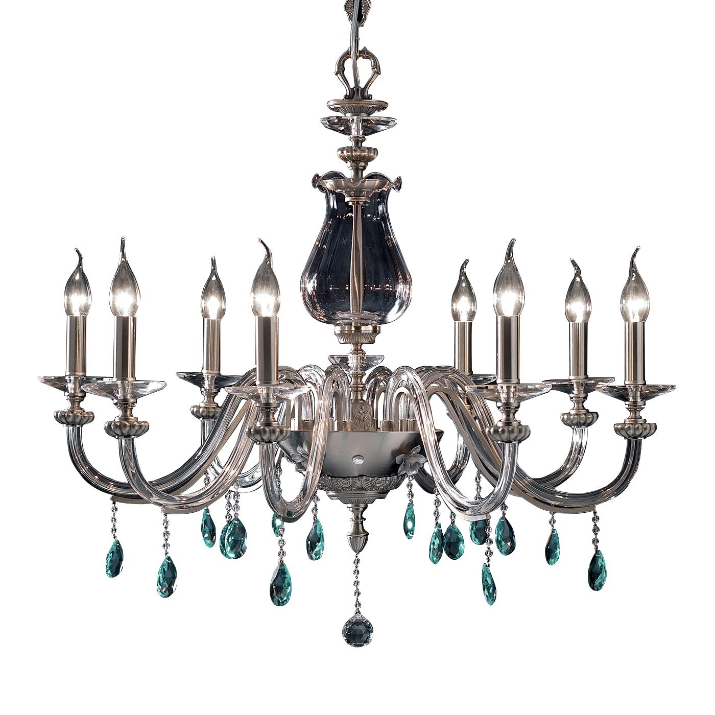 Eight curved arms define the sheer elegance of this stunning chandelier that will add timeless glamour to a classically furnished living room or dining room. Entirely made of clear glass with silver satin finish and embellished with beaded,