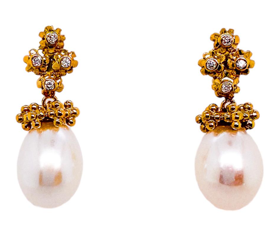 Brilliant Cut Flora Cluster Earrings - 18ct yellow gold diamond and pearl flower clusters For Sale